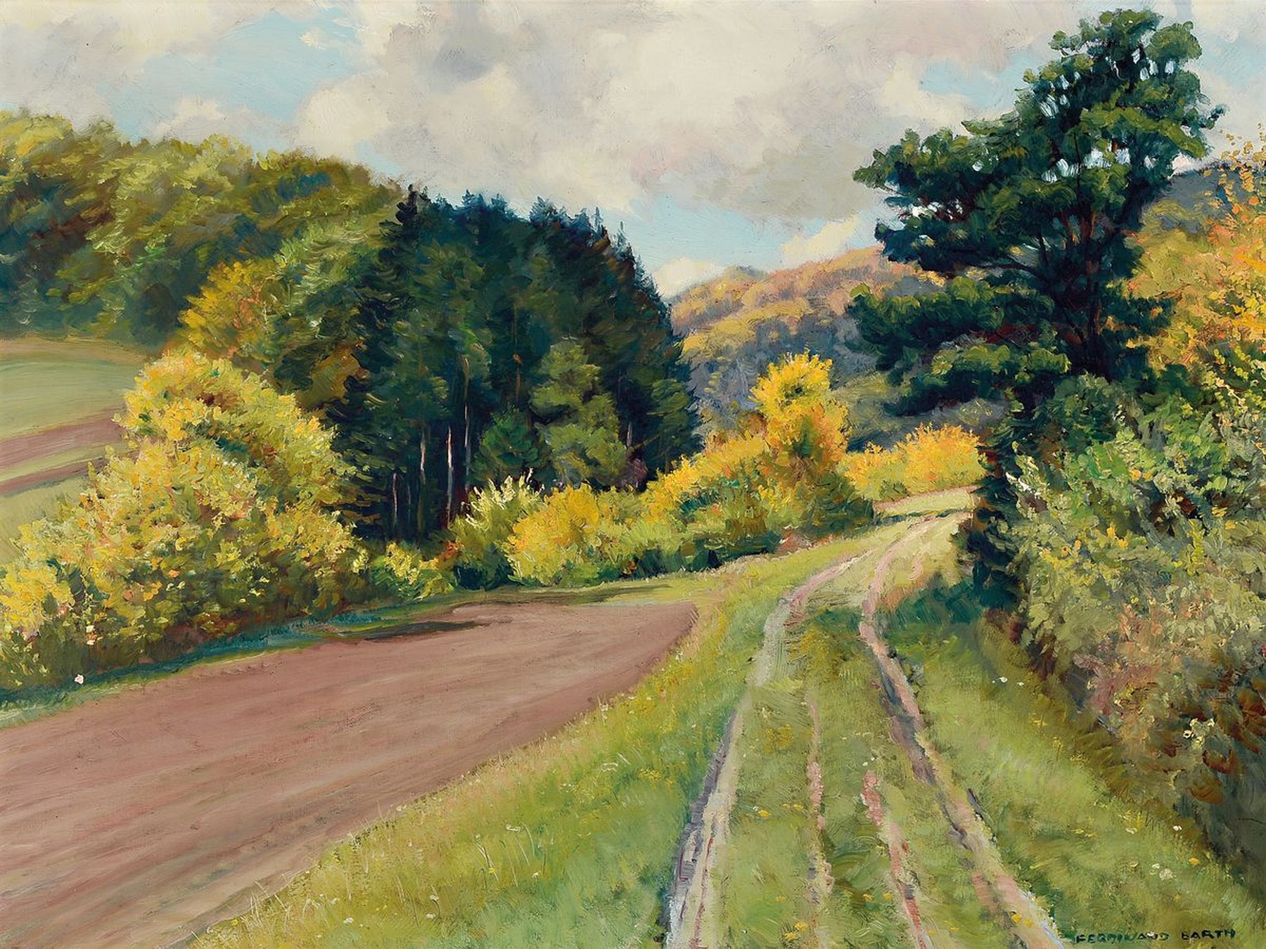 Ferdinand Barth, 1902 Darmstadt-1979 Lautertal, Weg durch hügelige Landschaft, Öl/Lwd, rechts unten signiert, rückseitig nochmals signiert, dat. ...