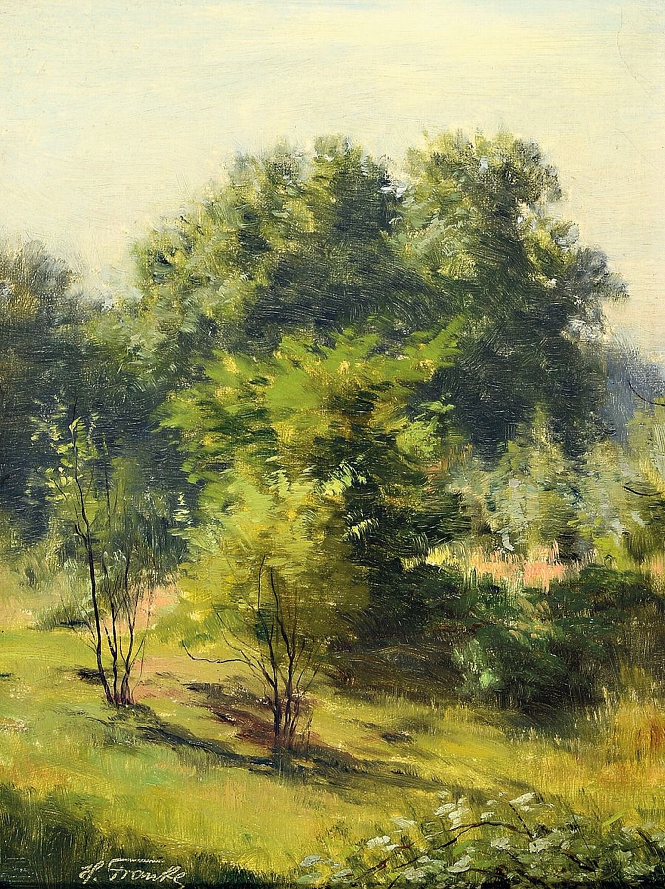 Hanni Franke, 1890 Koblenz-1973 Frankfurt, Wiesenlandschaft mit Bäumen, Öl/Hartfaser, links unten signiert, ca. 24x18cm, R. ca. 39x33cm