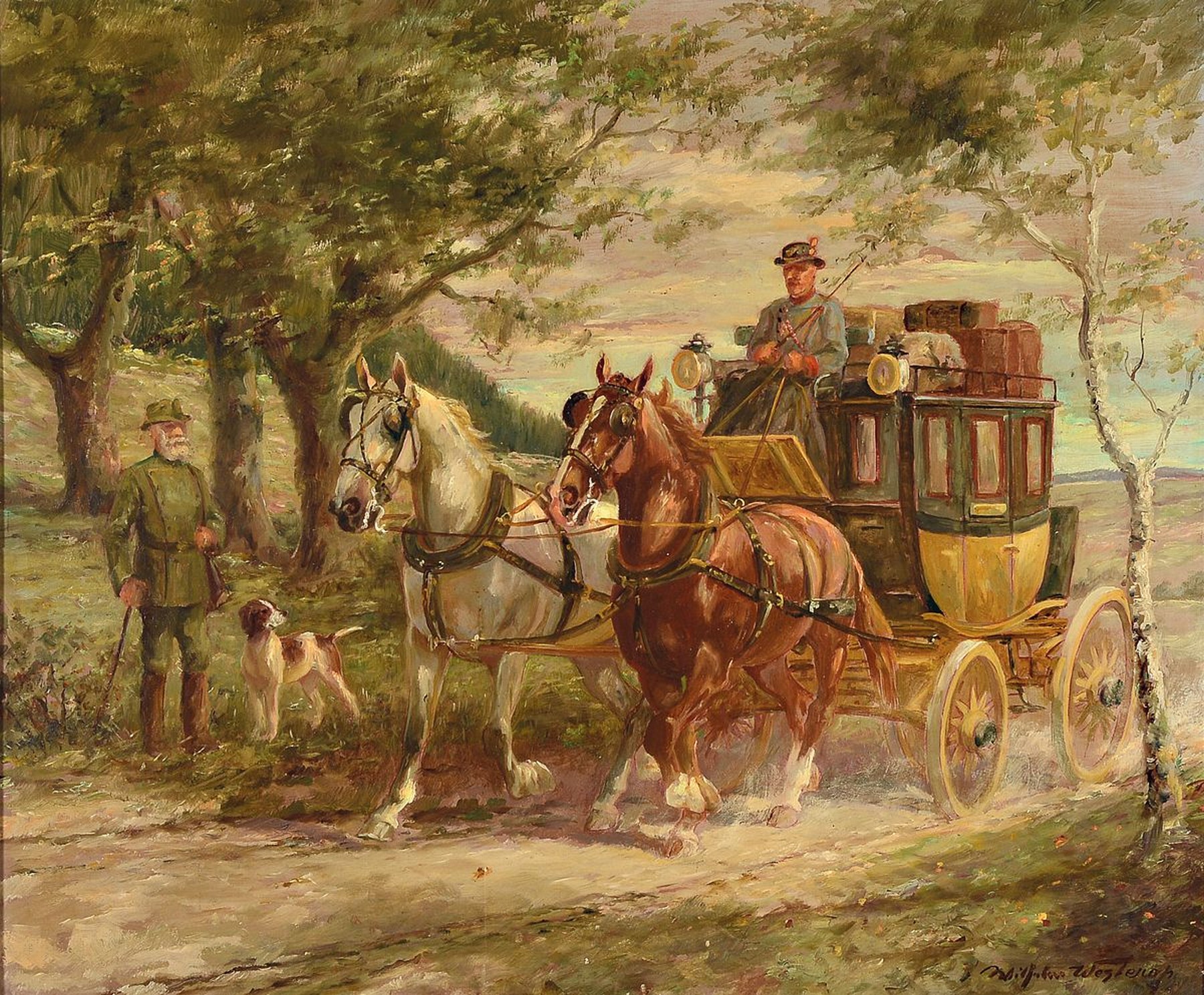 Wilhelm Westerop, 1876 Potsdam-1954 Düsseldorf, zweispännige Kutsche auf einer herbstlichen Allee, am Wegesrand ein Jäger mit seinem Hund, ...