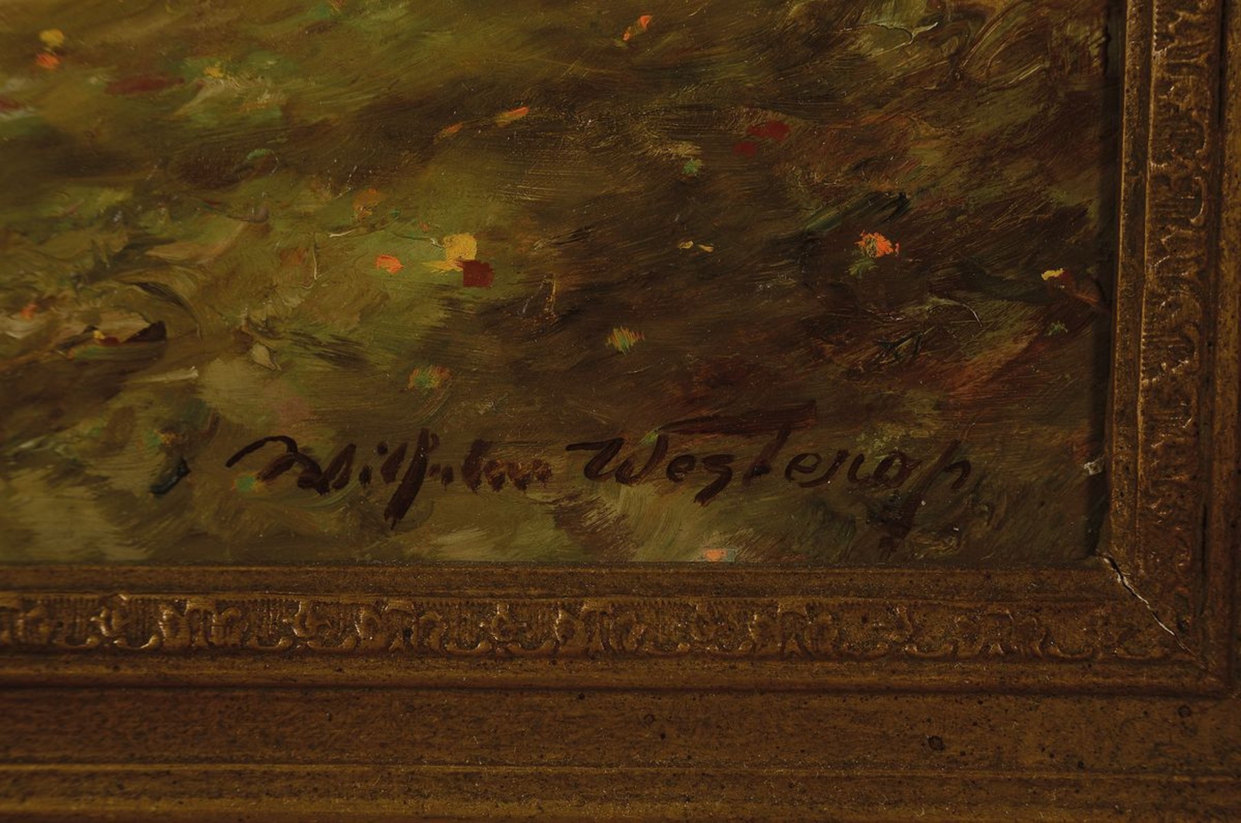 Detail a: Wilhelm Westerop, 1876 Potsdam-1954 Düsseldorf, zweispännige Kutsche auf einer herbstlichen Allee, am Wegesrand ein Jäger mit seinem Hund, ...