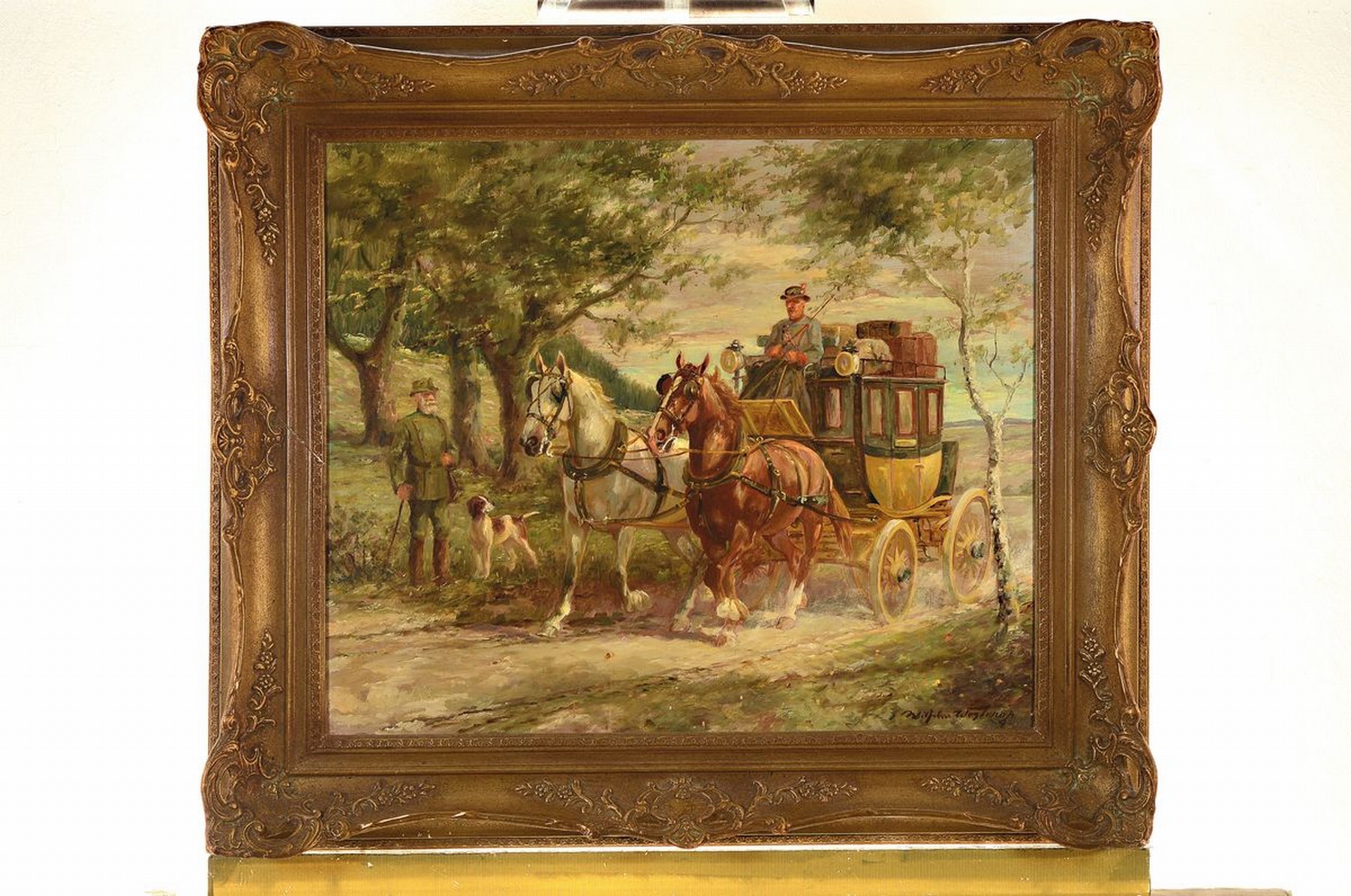 Detail k: Wilhelm Westerop, 1876 Potsdam-1954 Düsseldorf, zweispännige Kutsche auf einer herbstlichen Allee, am Wegesrand ein Jäger mit seinem Hund, ...