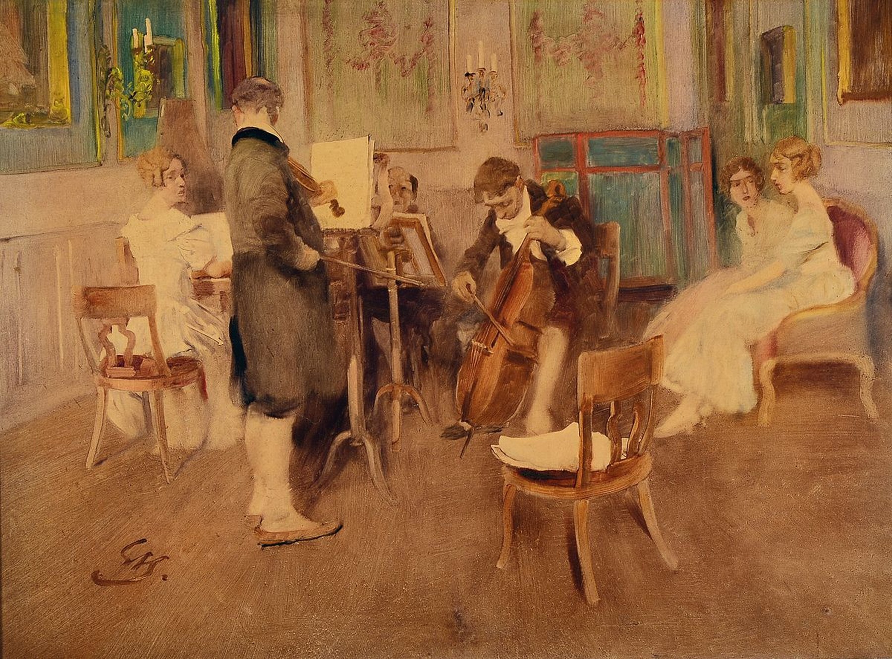 Wilhelm Schreuer, 1866 Wesel-1933 Düsseldorf, Beim Hauskonzert, Öl/Lwd, links unten signiert, ca. 60x80cm, R. ca. 80x100cm