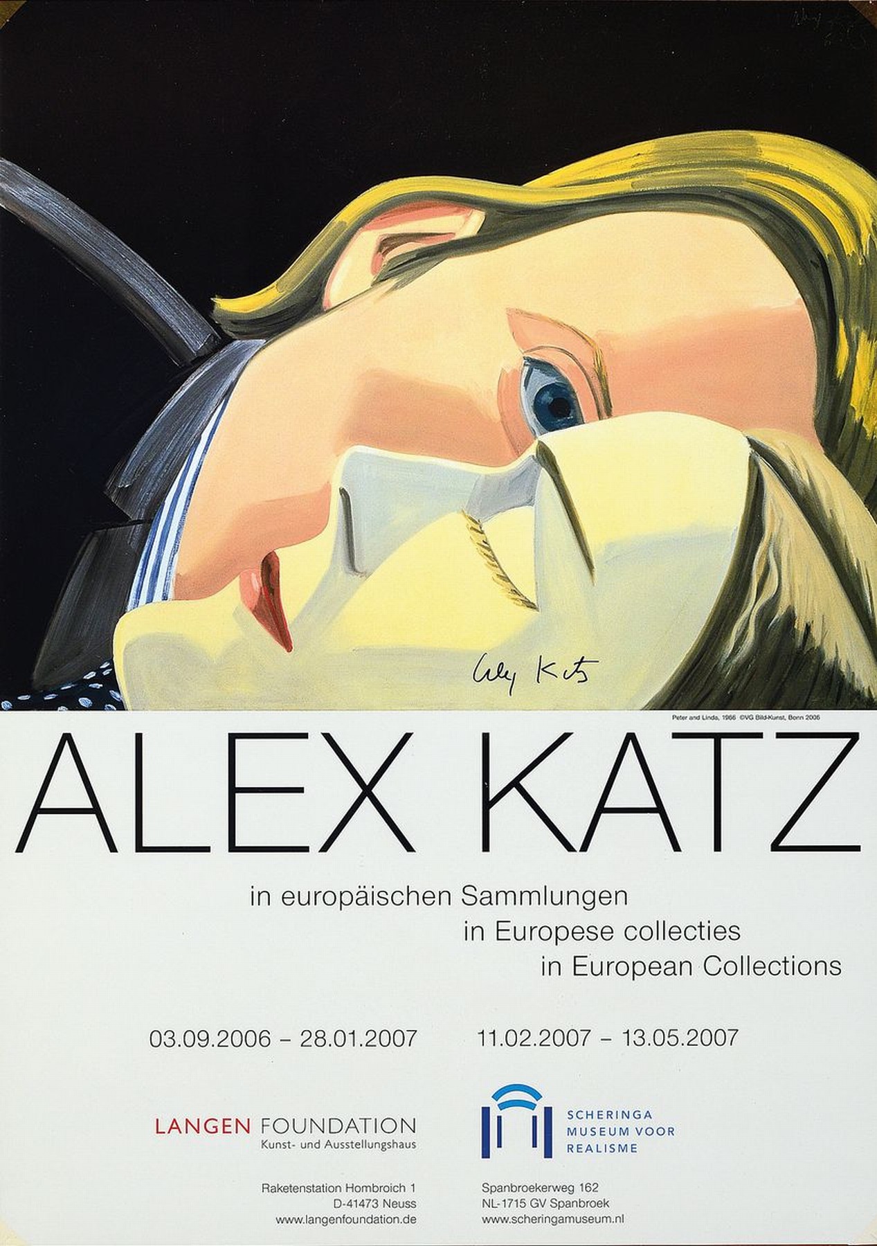 Alex Katz, geb. 1927, "Peter and Linda", Langen Foundation Neuss 2006, Offsetlithografie, handsign., Blatt ca. 42x29 ,5 cm, unter Plexiglas ...