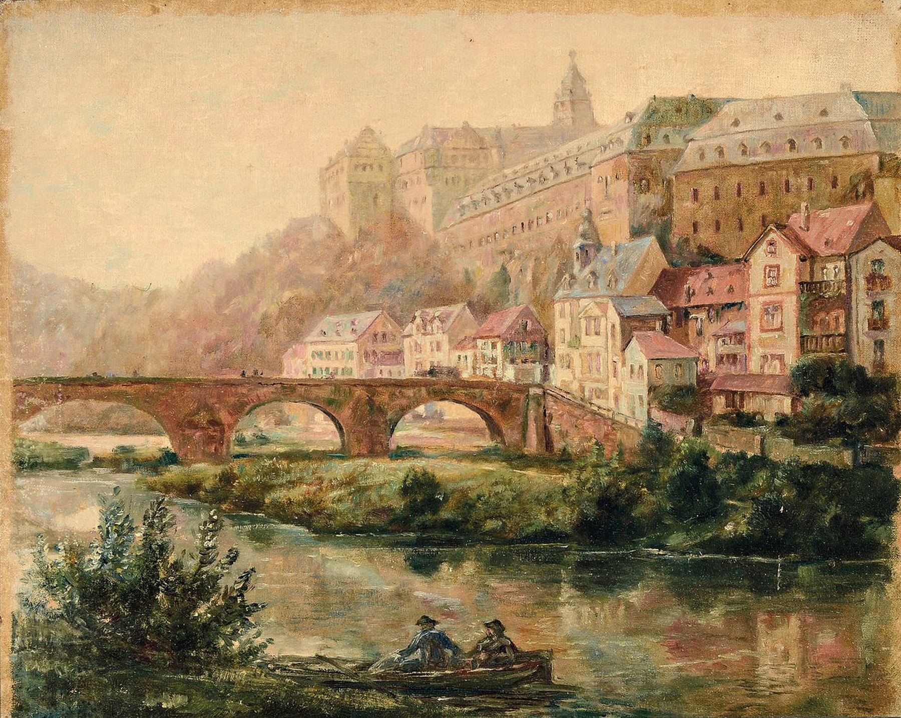 Ernst Toepfer, 1878 Wiesbaden-1955 Idstein, Studium an den Akademien Karlsruhe und Berlin, hier: Blick auf Weilburg an der Lahn, Öl/ Malkarton, ...