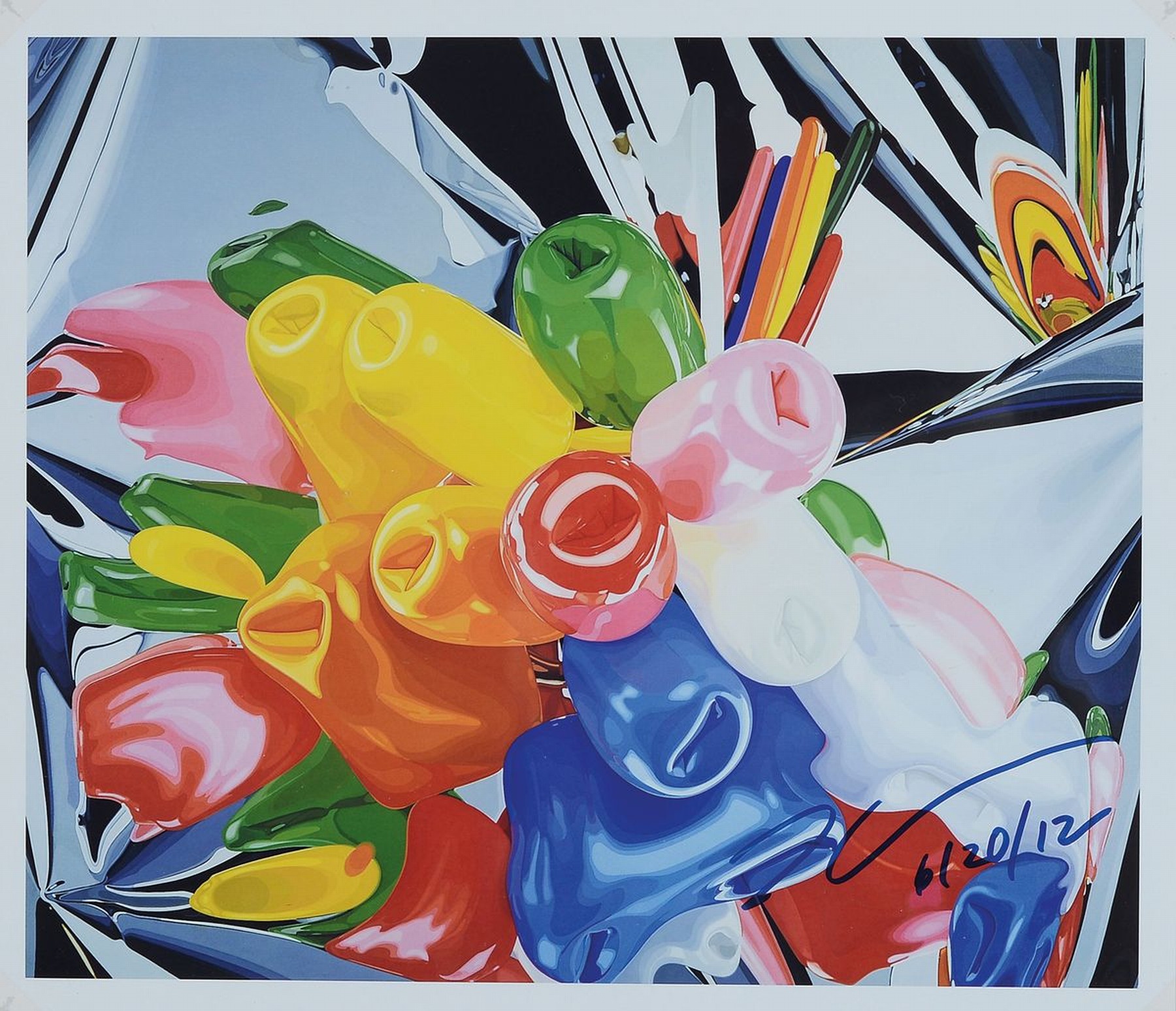 Jeff Koons, geb. 1955, "Tulips", Digitaler Fotoabzug, handsign., dat. 6/20/12, nicht limitiert, Blatt ca. 20x23,5 cm, unter Plexiglas ...