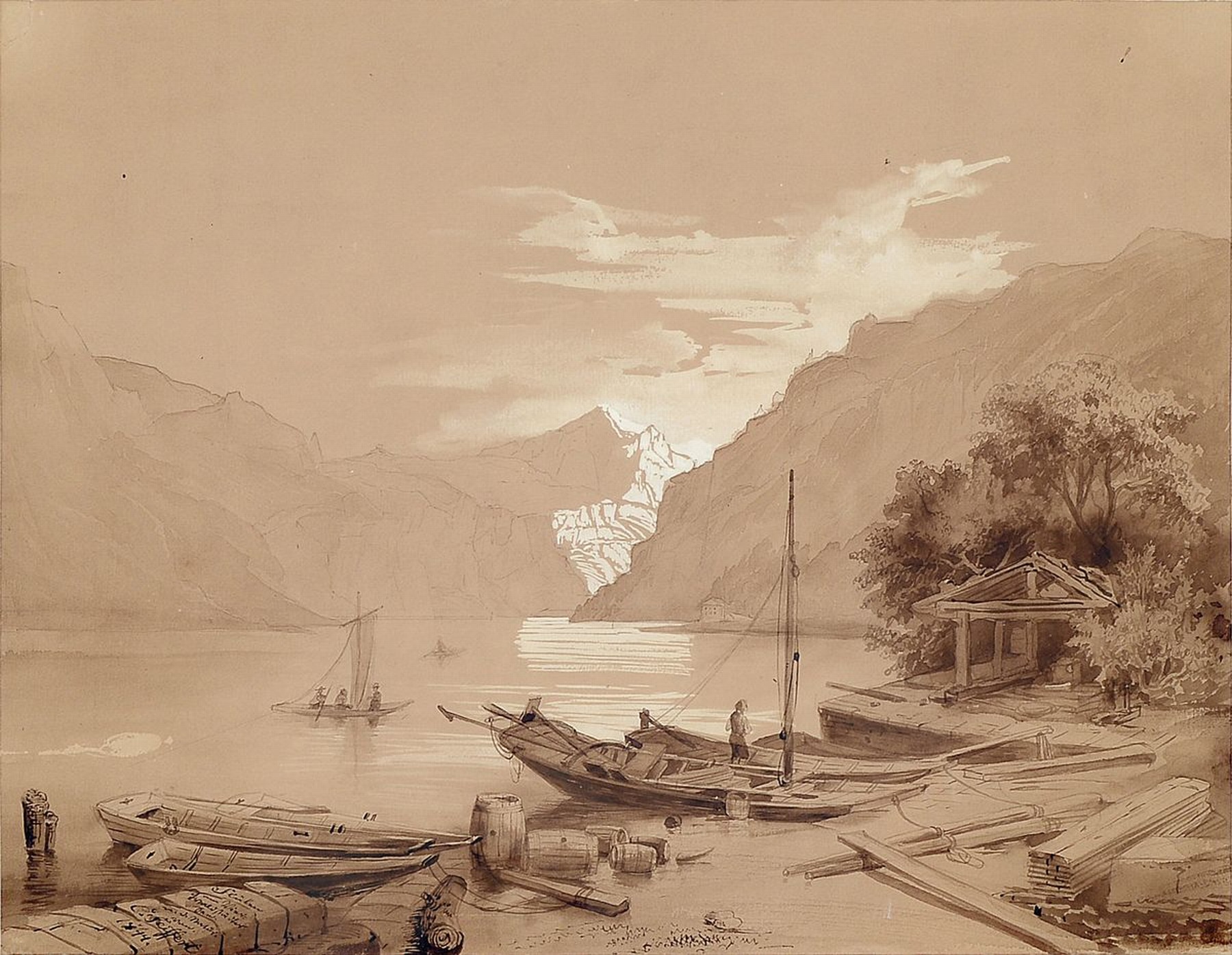 Carl Friedrich Seiffert, 1809 Grünberg-1891 Berlin, Boote am Vierwaldstätter See, Aquarell auf Papier, links unten signiert und dat. 1844, ca. ...