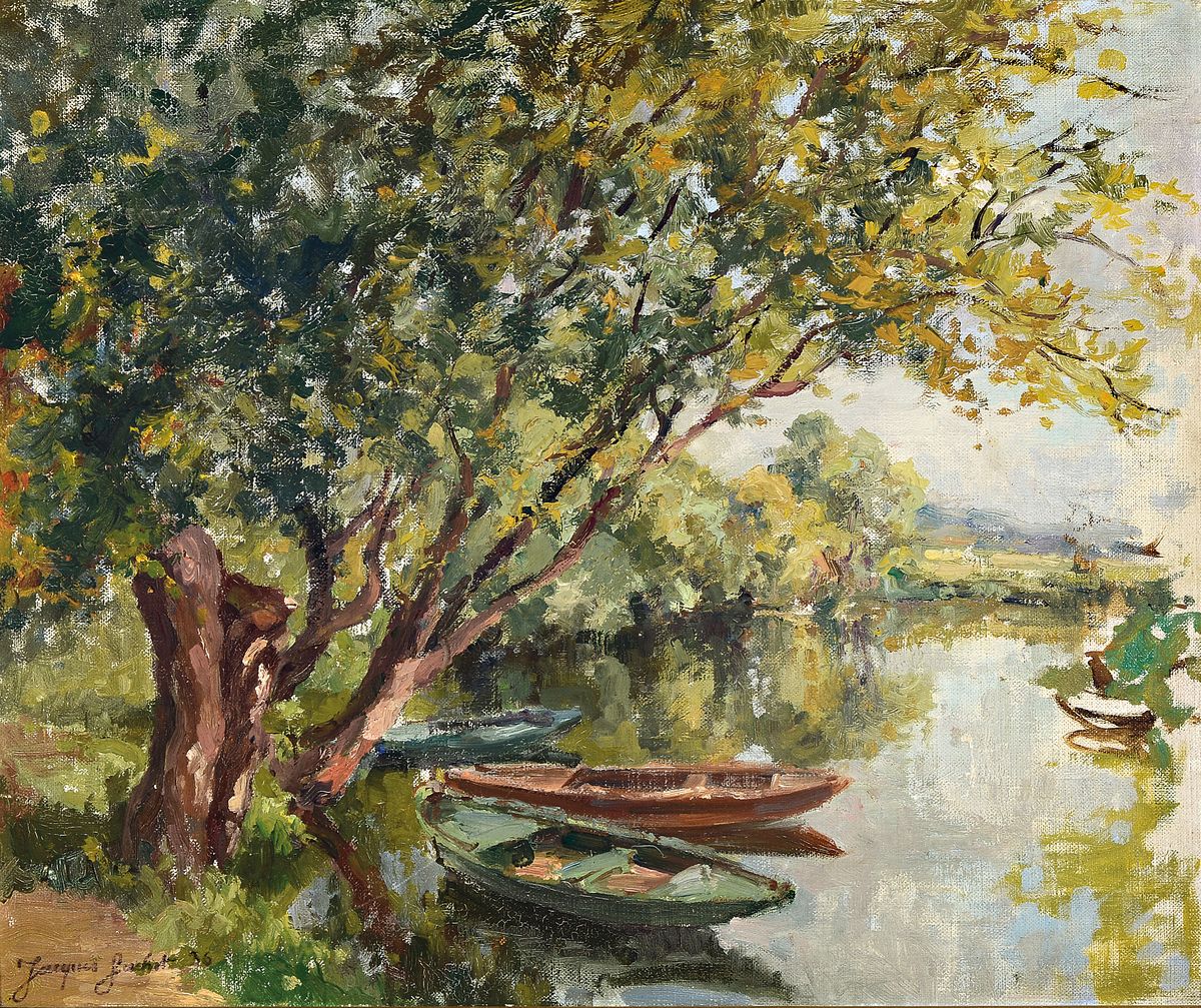 Jacques Gachot, 1885-1954, Fischerboote am Baum bestandenen Seeufer, Öl/Malkarton, links unten signiert, ca. 46x56cm, R. ca. 54x64cm