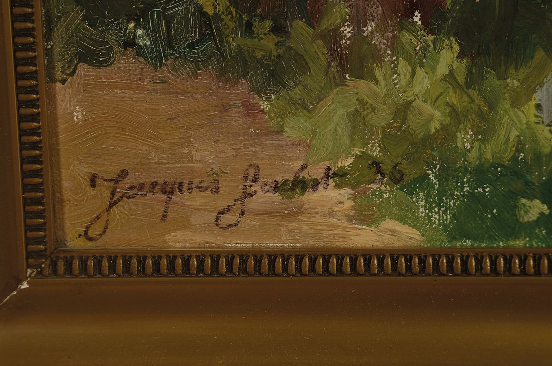 Detail a: Jacques Gachot, 1885-1954, Fischerboote am Baum bestandenen Seeufer, Öl/Malkarton, links unten signiert, ca. 46x56cm, R. ca. 54x64cm