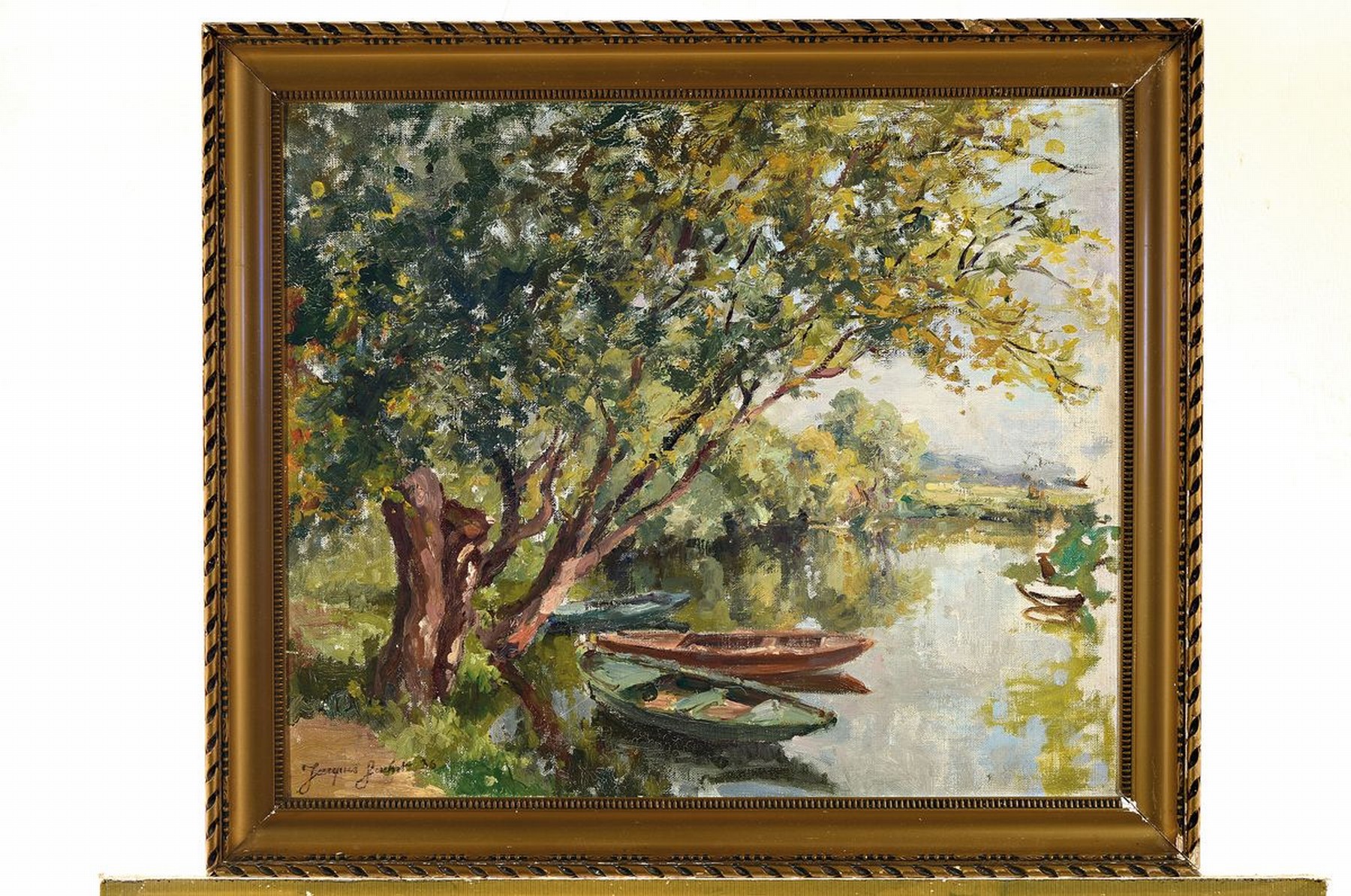 Detail k: Jacques Gachot, 1885-1954, Fischerboote am Baum bestandenen Seeufer, Öl/Malkarton, links unten signiert, ca. 46x56cm, R. ca. 54x64cm
