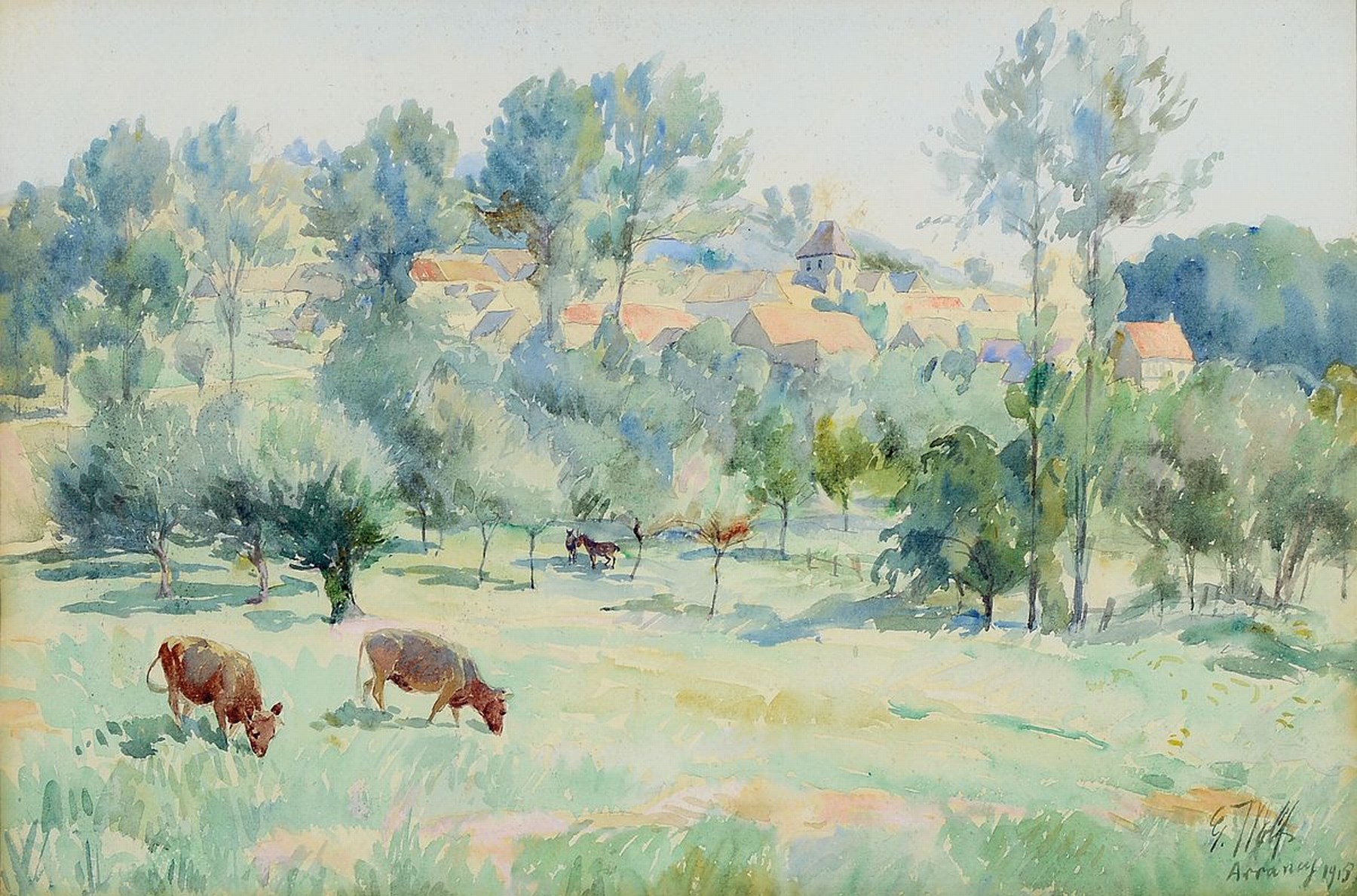 Georg Wolf, 1882 Düsseldorf-1962 Uelzen, Blick auf Arrancy, Aquarell auf Papier, rechts unten signiert, bez. Arrancy und dat. 1915, ca. 33x45cm, PP, ...