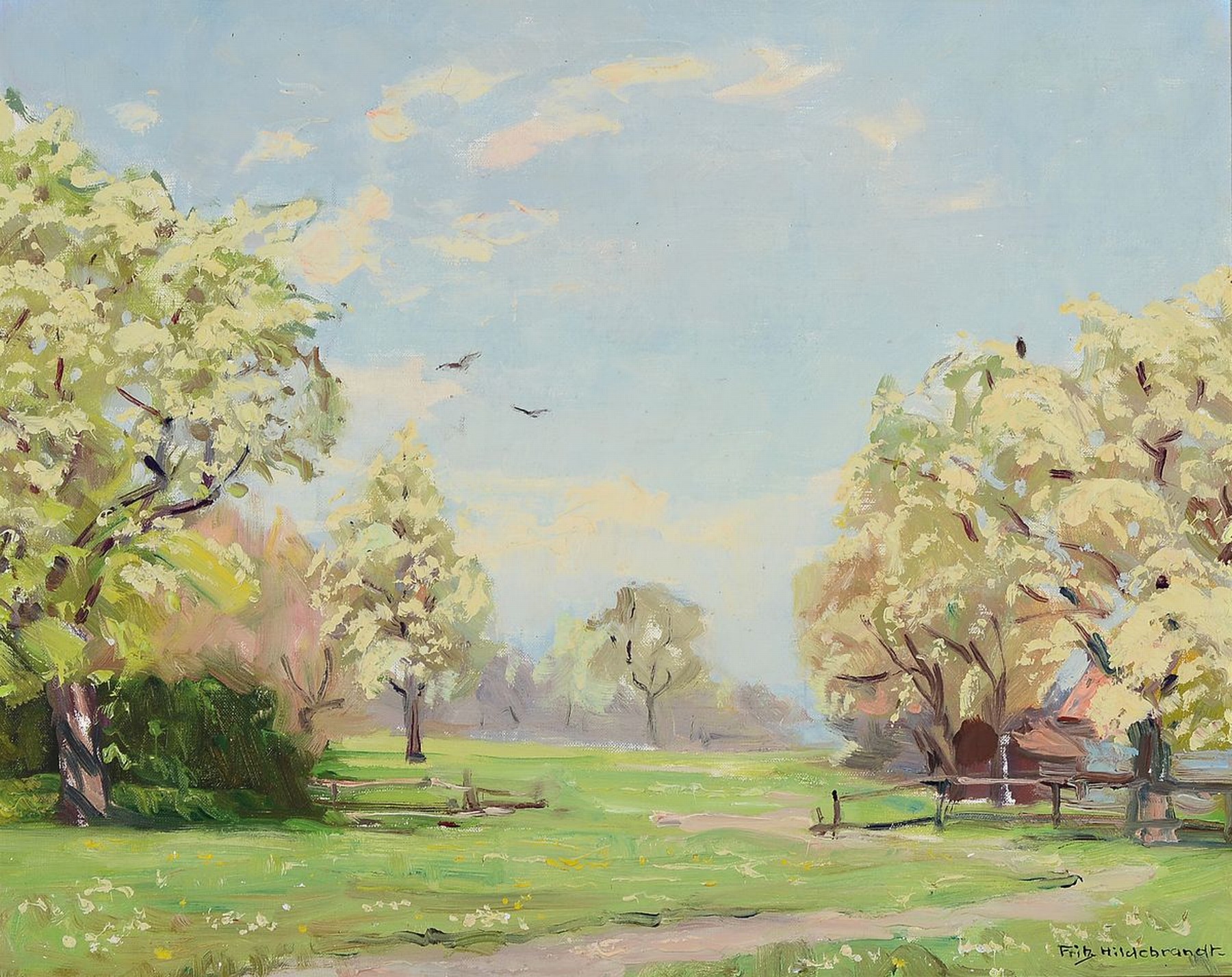 Fritz Hildebrandt, 1878 Quedlinburg-1970, Frühling am Bodensee, blühende Bäume, Öl/Lwd/Hartfaser, rechts unten signiert, ca. 40x50cm, R. ca. ...
