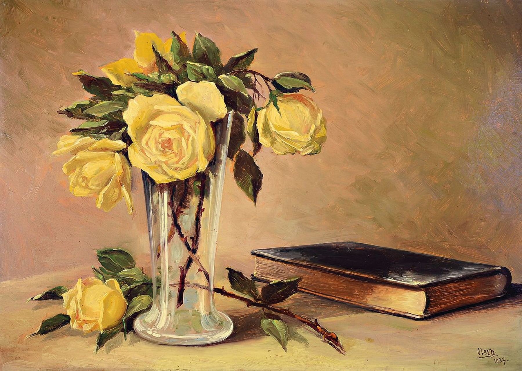Josef Olexa, 1901-1983, Stillleben mit Buch und gelben Rosen, Öl/Malkarton, gewölbt, rechts unten signiert, ca. 36x49cm, R. ca. 45x59cm