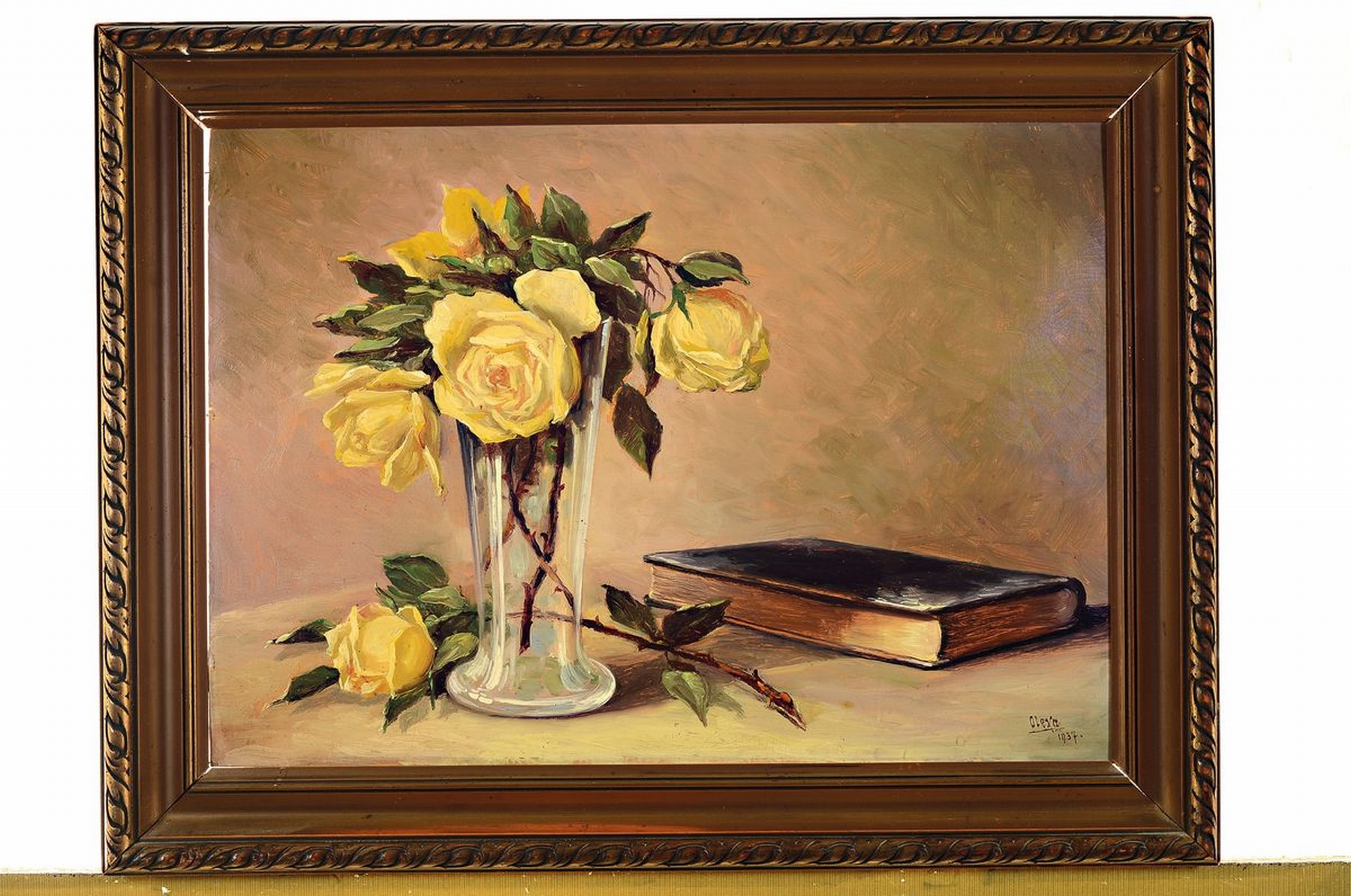 Detail k: Josef Olexa, 1901-1983, Stillleben mit Buch und gelben Rosen, Öl/Malkarton, gewölbt, rechts unten signiert, ca. 36x49cm, R. ca. 45x59cm