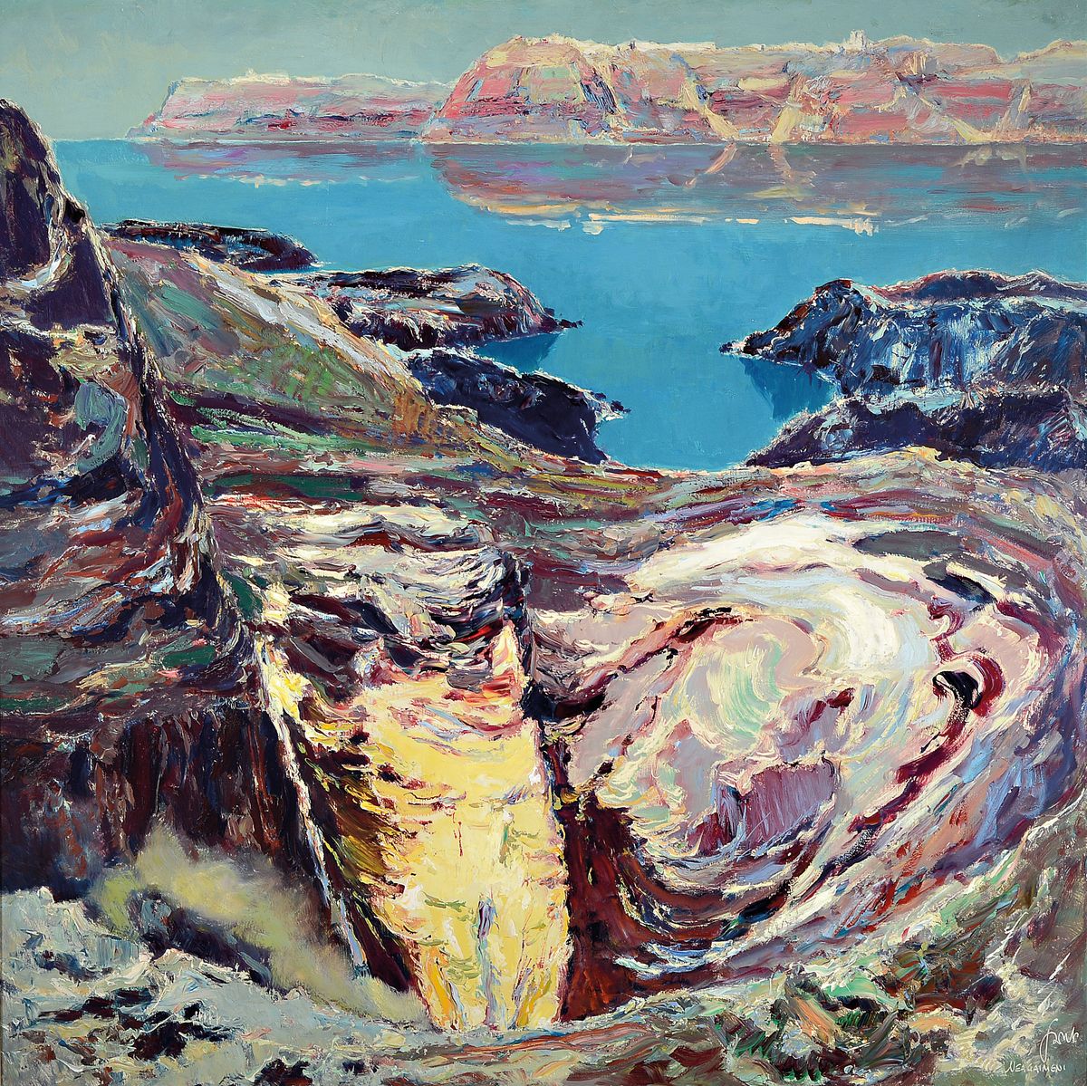 Karl Graf, 1902-1986 Speyer, Santorin, Nea Kameni Vulkan, Öl/Hartfaser, rechts unten signiert und bez. Neagaimeni, ca. 100x100cm, R. ca. 114x114cm