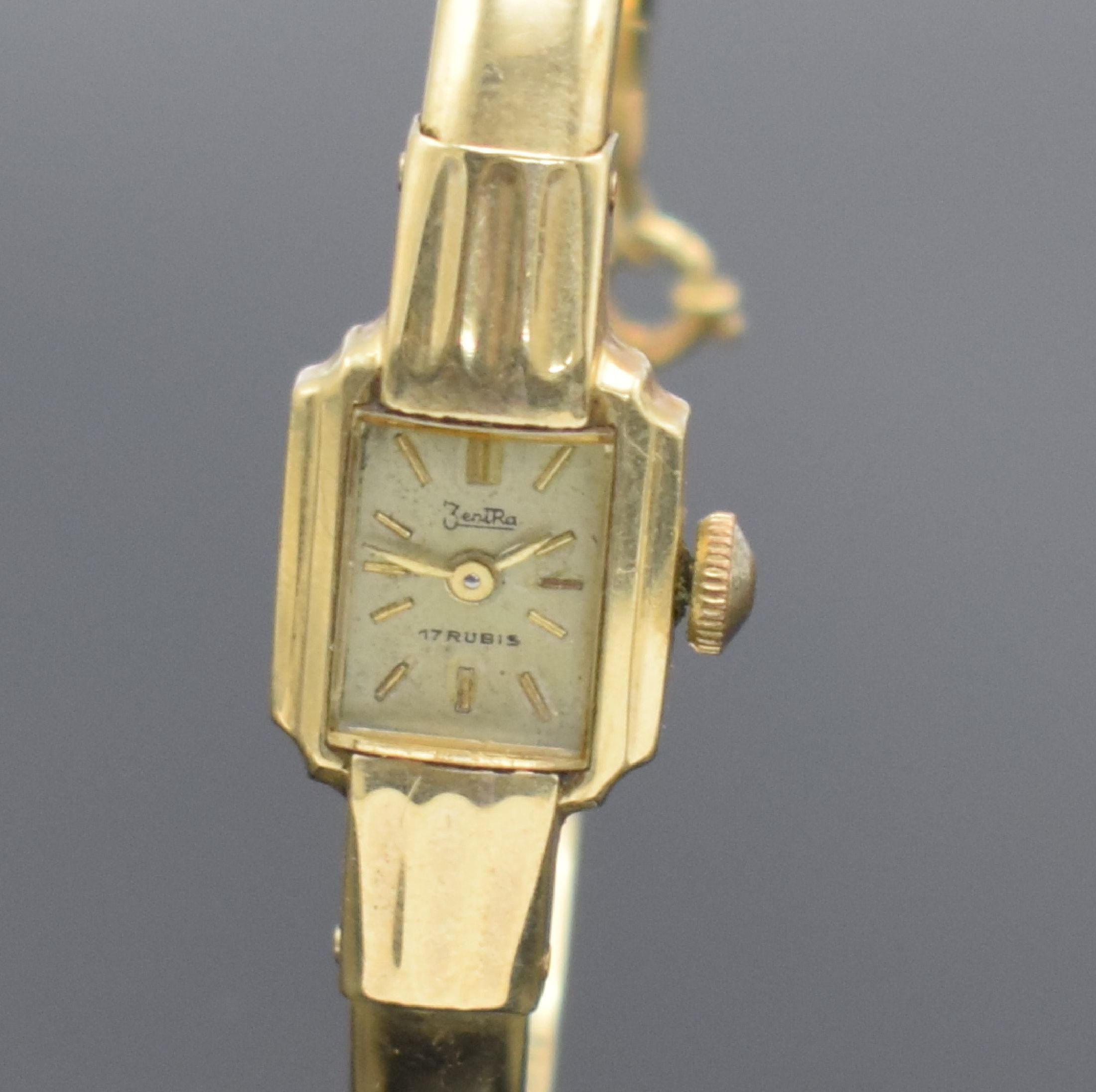 Detail a: ZENTRA Damenspangenuhr in GG 585/000, Schweiz um 1940, Handaufzug, Boden aufgedr., silb. Zifferbl. pat./fl., gold. Std.-Ind. & Zeiger, Ankerwerk m. ...