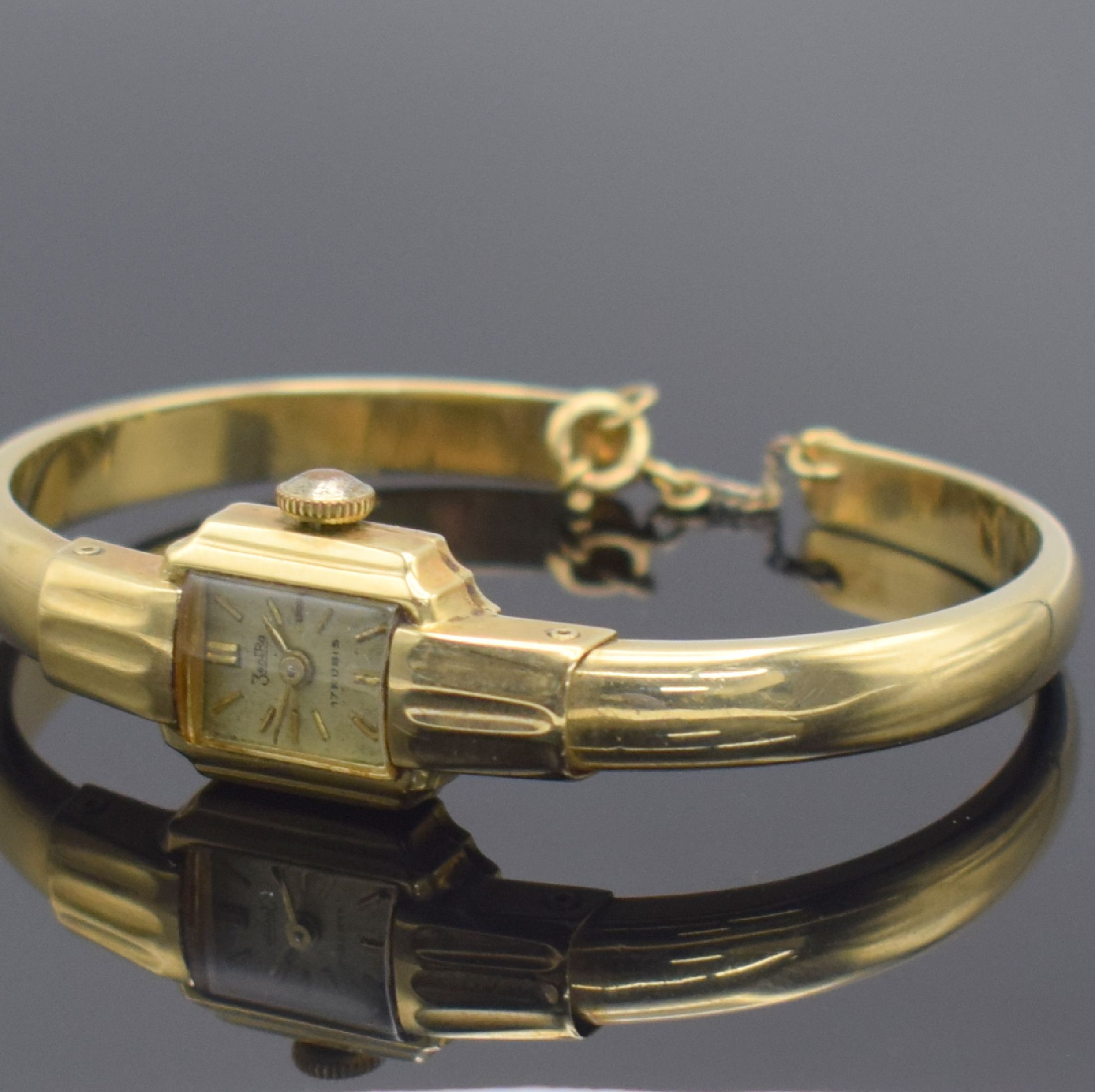 Detail b: ZENTRA Damenspangenuhr in GG 585/000, Schweiz um 1940, Handaufzug, Boden aufgedr., silb. Zifferbl. pat./fl., gold. Std.-Ind. & Zeiger, Ankerwerk m. ...