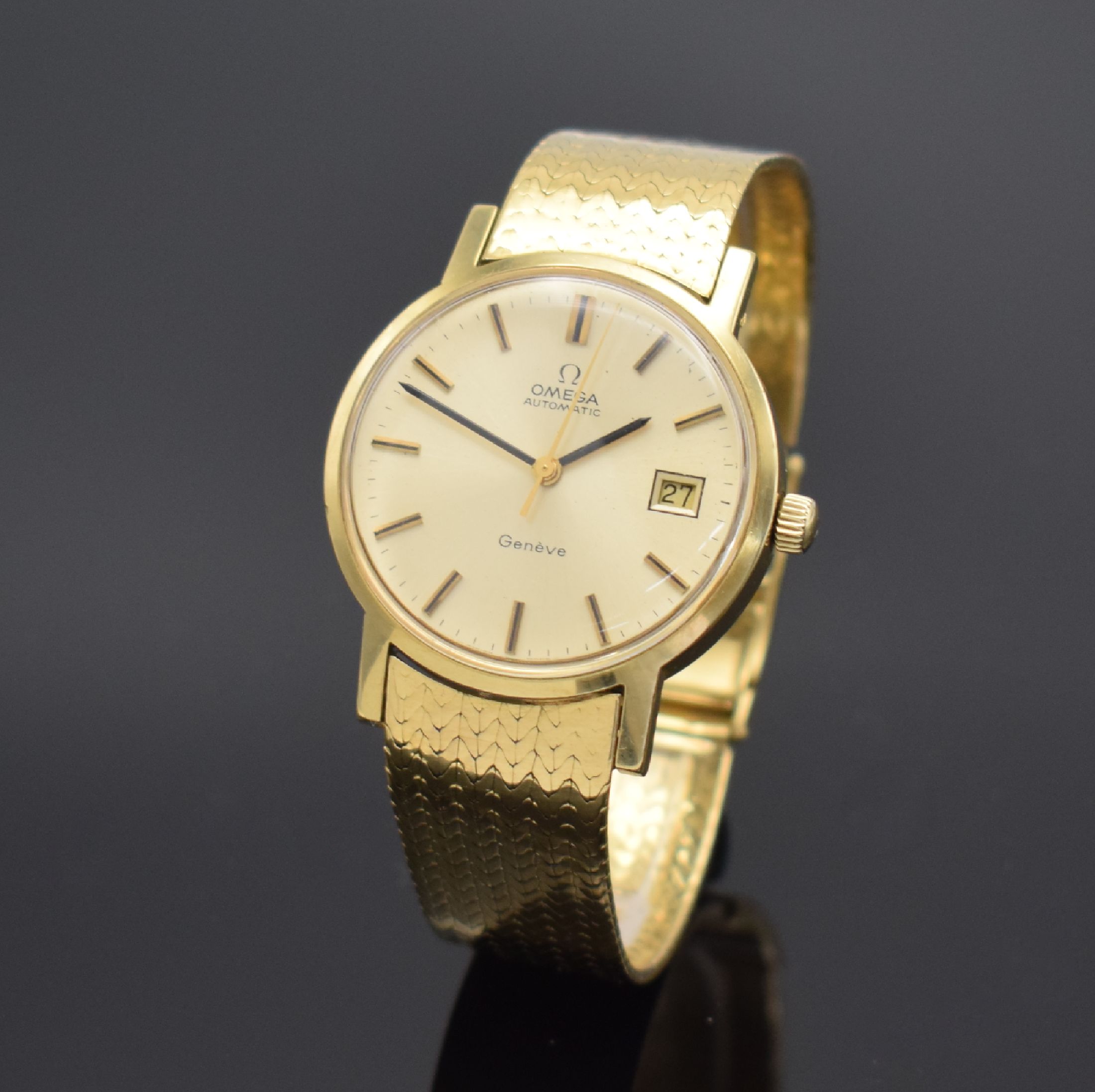 OMEGA Herrenarmbanduhr Serie Geneve in GG 750/000 Referenz 166127, Schweiz um 1973, neutr. GG 750/000 Band, verschr. Boden m. Monogramm UC, ...