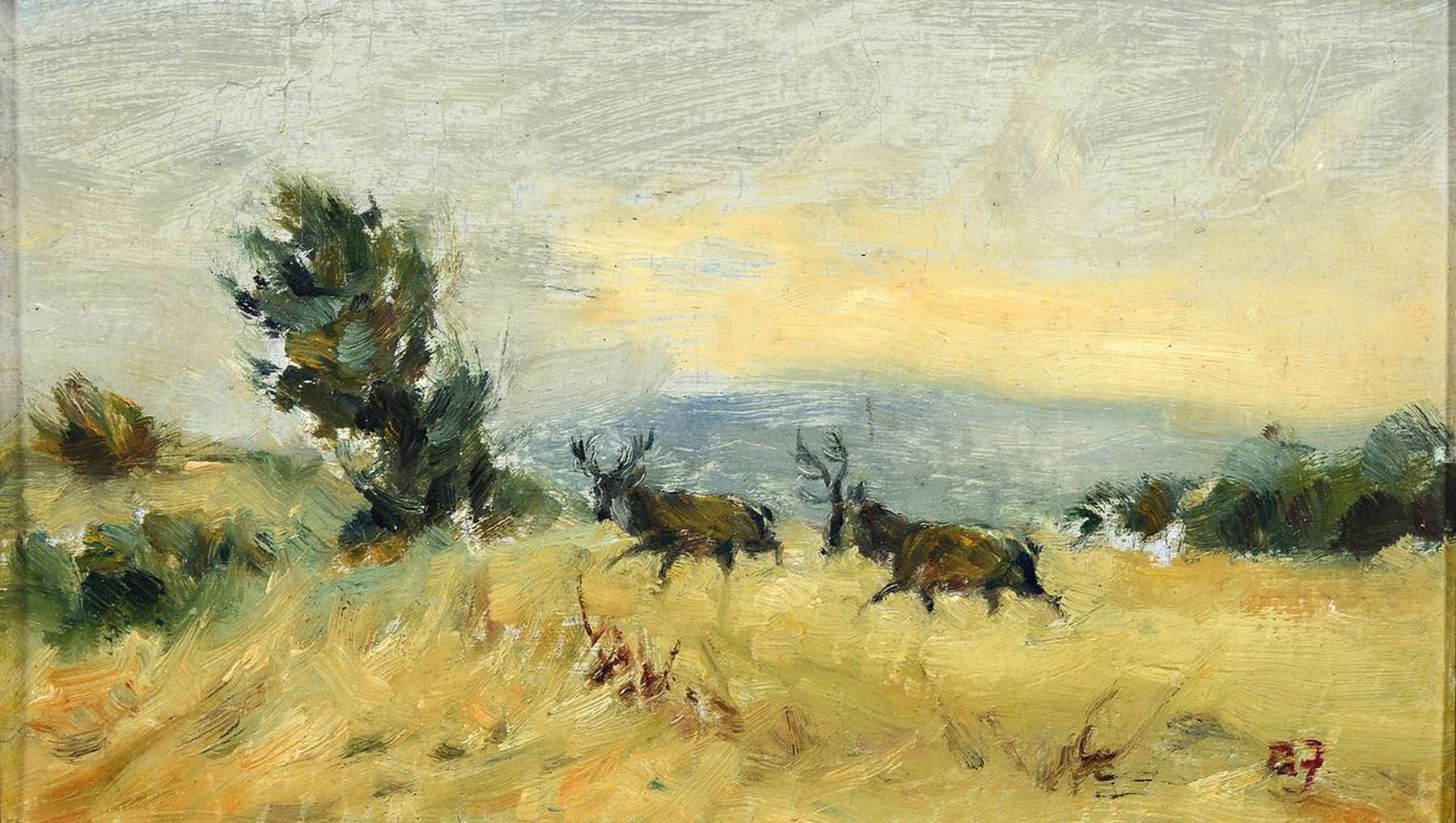 Willy Lorenz, 1901 Köln-1981, Hirsche auf freiem Feld, Öl/Malkarton, rechts unten monogr., rückseitig signiert, ca. 14x23cm, R. ca. 19x29cm