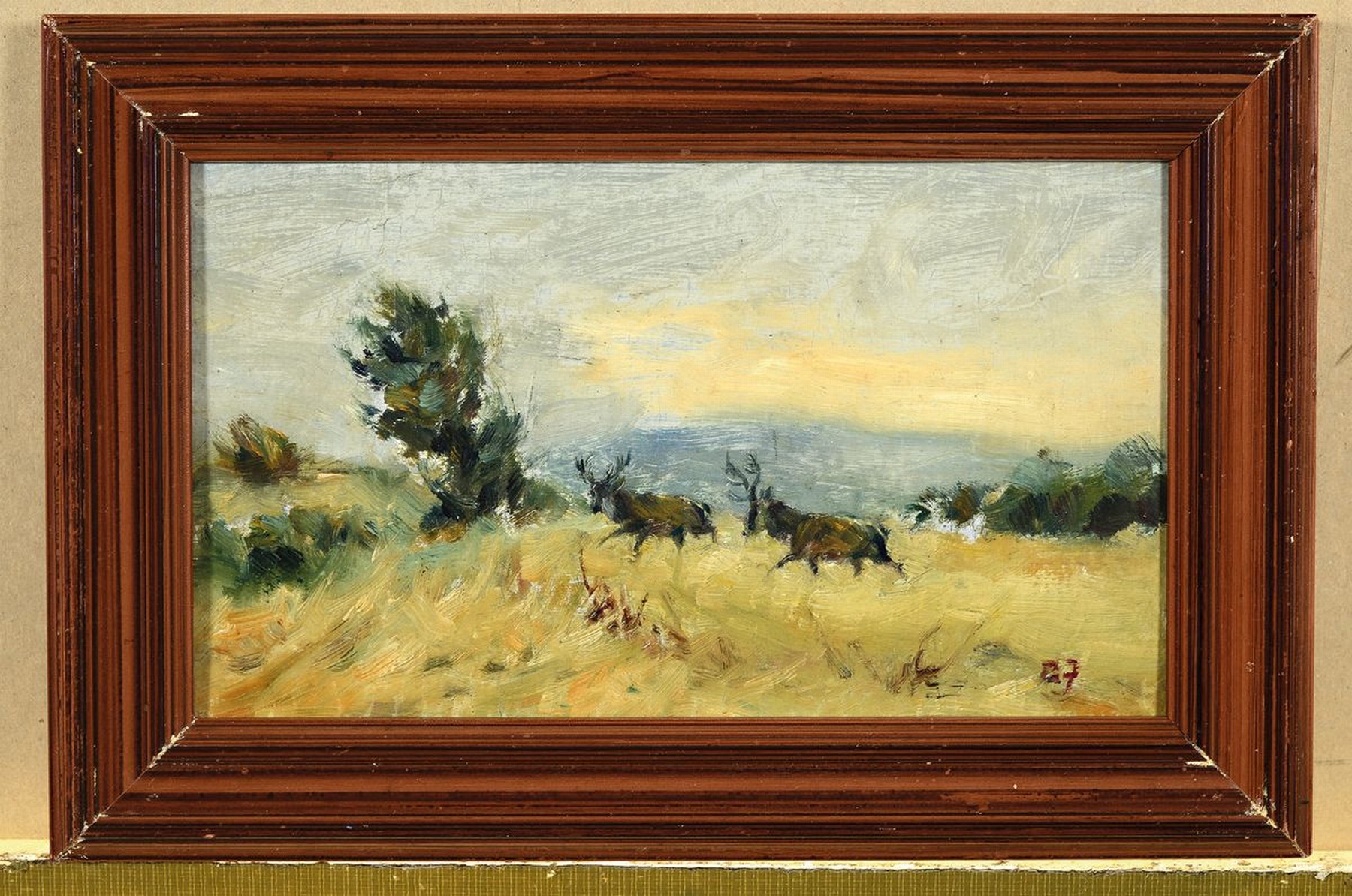 Detail k: Willy Lorenz, 1901 Köln-1981, Hirsche auf freiem Feld, Öl/Malkarton, rechts unten monogr., rückseitig signiert, ca. 14x23cm, R. ca. 19x29cm