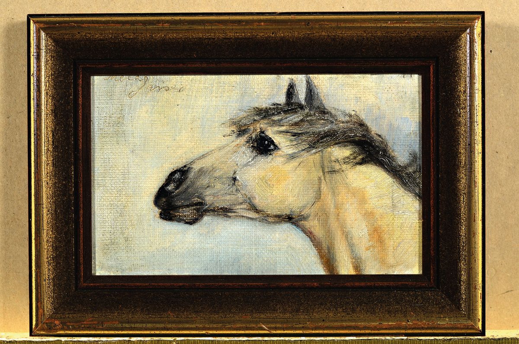Detail k: Mela Gaiser, süddeutsche Malerin des frühen 20. Jh., Pferdekopf, Öl/Malkarton, links oben signiert, ca. 10.5x16.5cm, R. ca. 14.5x 20.5cm