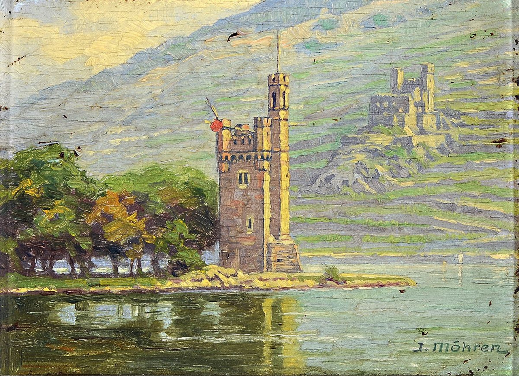 Jean Möhren, 1876 Elberfeld-1958 München, Schüler von Anton Janke, hier: Blick auf den Mäuseturm zu Bingen und die Ruine Ehrenfels, Öl/Holz, ...