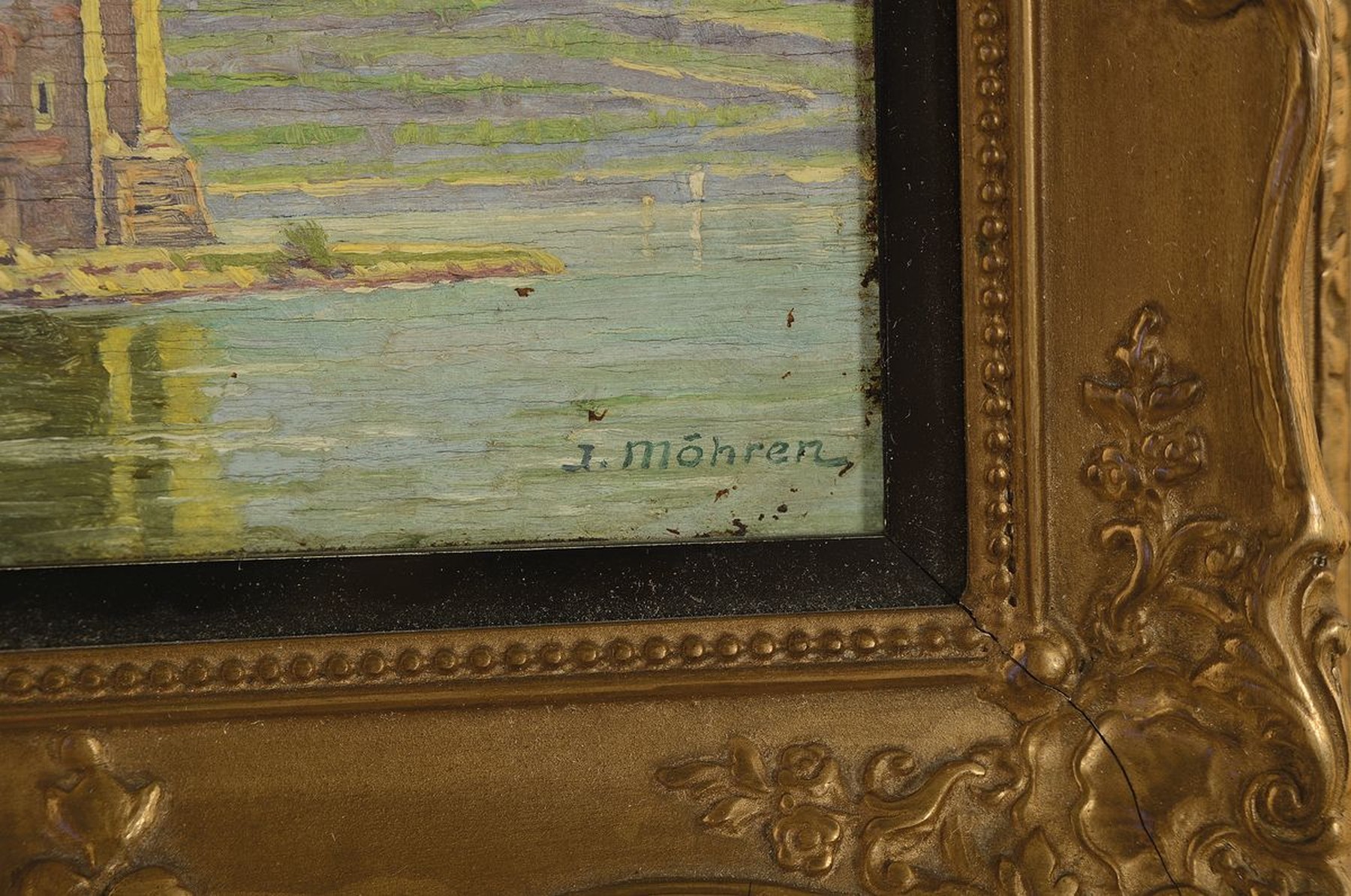 Detail a: Jean Möhren, 1876 Elberfeld-1958 München, Schüler von Anton Janke, hier: Blick auf den Mäuseturm zu Bingen und die Ruine Ehrenfels, Öl/Holz, ...