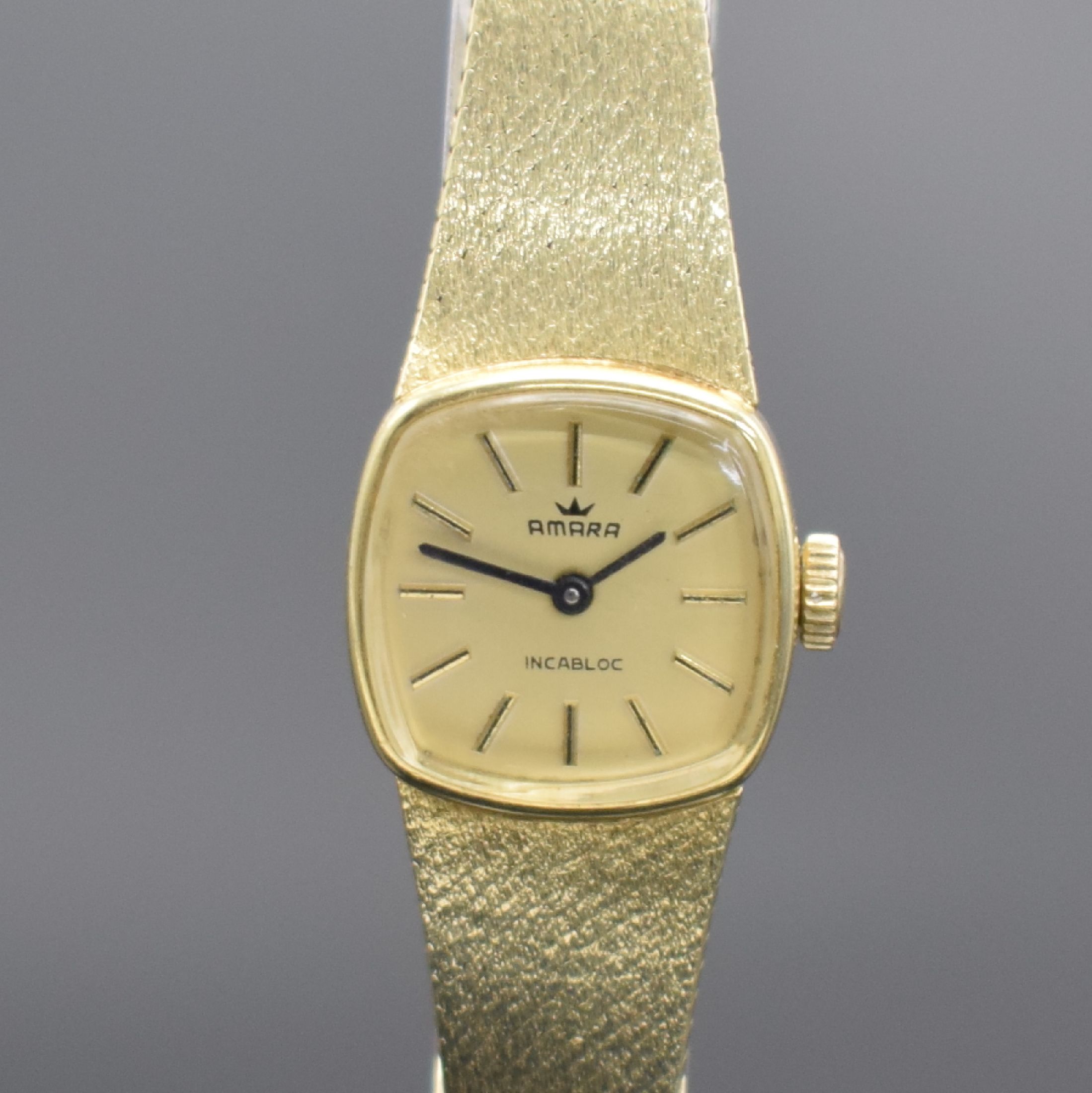 Detail a: AMARA Damenarmbanduhr in GG 585/000, Schweiz um 1970, Handaufzug, GG 585/000 Armband, Boden aufgedr., goldfarb. Zifferbl. m. aufges. Std.-Ind., ...