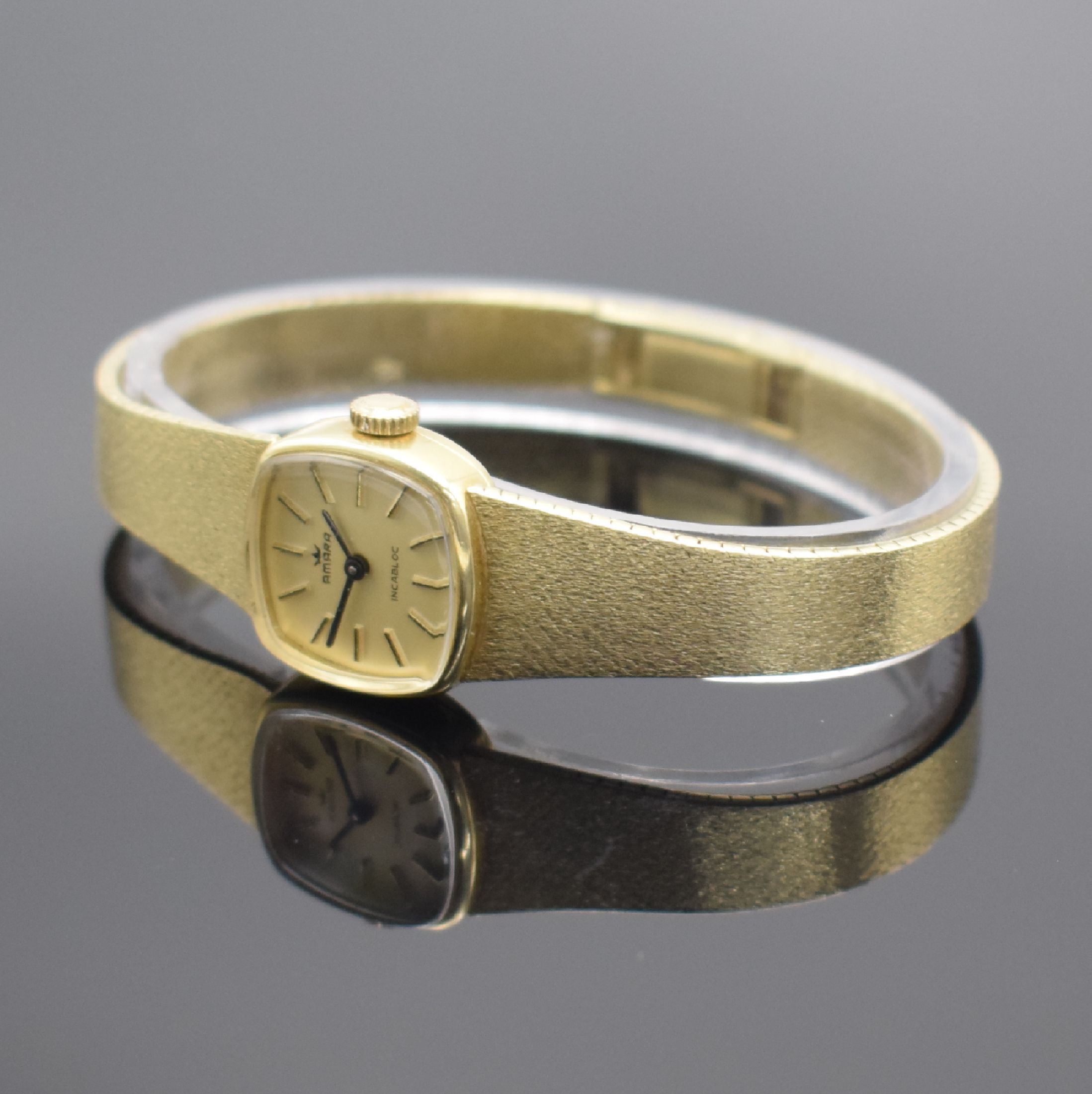 Detail b: AMARA Damenarmbanduhr in GG 585/000, Schweiz um 1970, Handaufzug, GG 585/000 Armband, Boden aufgedr., goldfarb. Zifferbl. m. aufges. Std.-Ind., ...