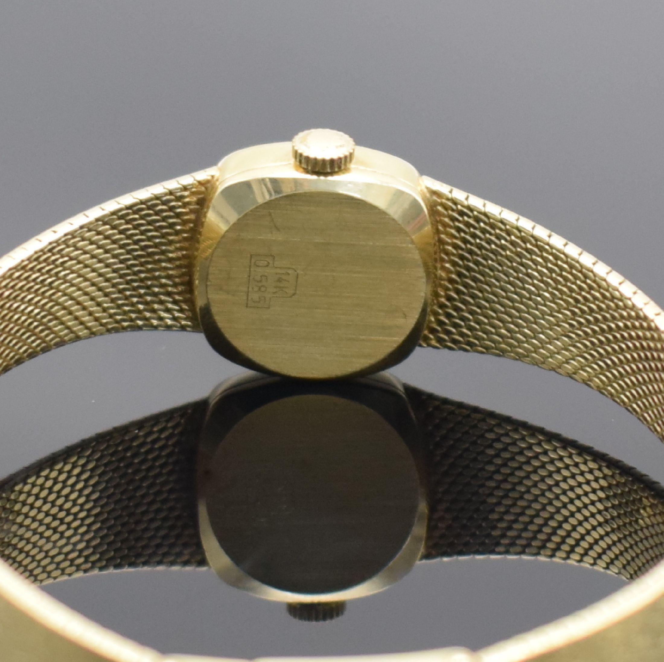 Detail c: AMARA Damenarmbanduhr in GG 585/000, Schweiz um 1970, Handaufzug, GG 585/000 Armband, Boden aufgedr., goldfarb. Zifferbl. m. aufges. Std.-Ind., ...