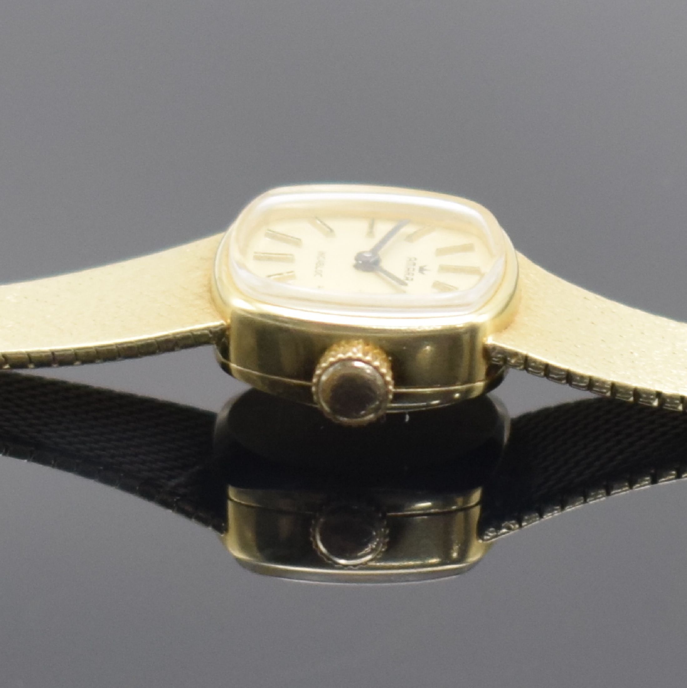 Detail d: AMARA Damenarmbanduhr in GG 585/000, Schweiz um 1970, Handaufzug, GG 585/000 Armband, Boden aufgedr., goldfarb. Zifferbl. m. aufges. Std.-Ind., ...