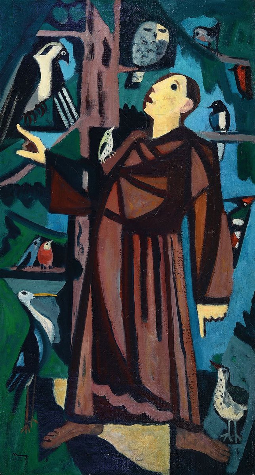 Waltr Meinig, 1902 Dresden-1987 Freiburg, Der Hl. Franziskus inmitten der Tiere, Öl/Lwd, links unten sign., dat., R. gesamt ca. 115x64 cm