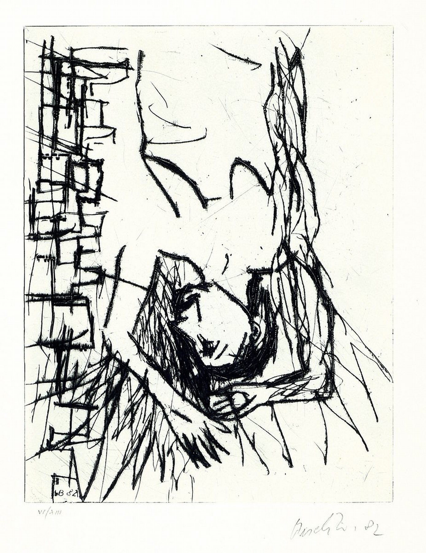 Georg Baselitz, geb. 1938, Ohne Titel, Radierung von 1982, handsigniert, dat. und num. VI/XIIIm, Platte ca. 32x24,5 cm, gesamt ca. 71,5x53,5 cm
