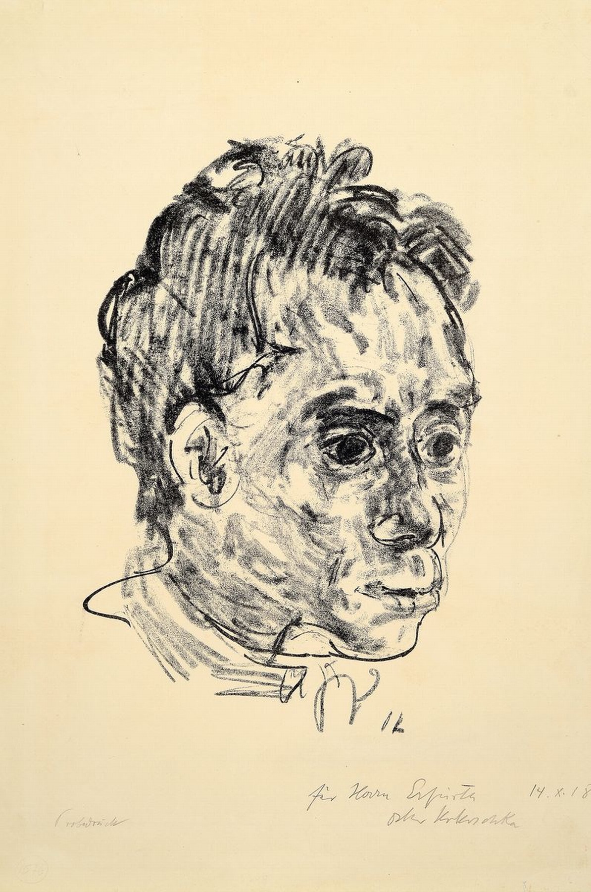 Detail k: Oskar Kokoschka, 1886-1980, Porträt Hasenclever, Lithographie von 1918, handsigniert, Motiv ca. 51x36 cm, gesamt ca. 63x50 cm