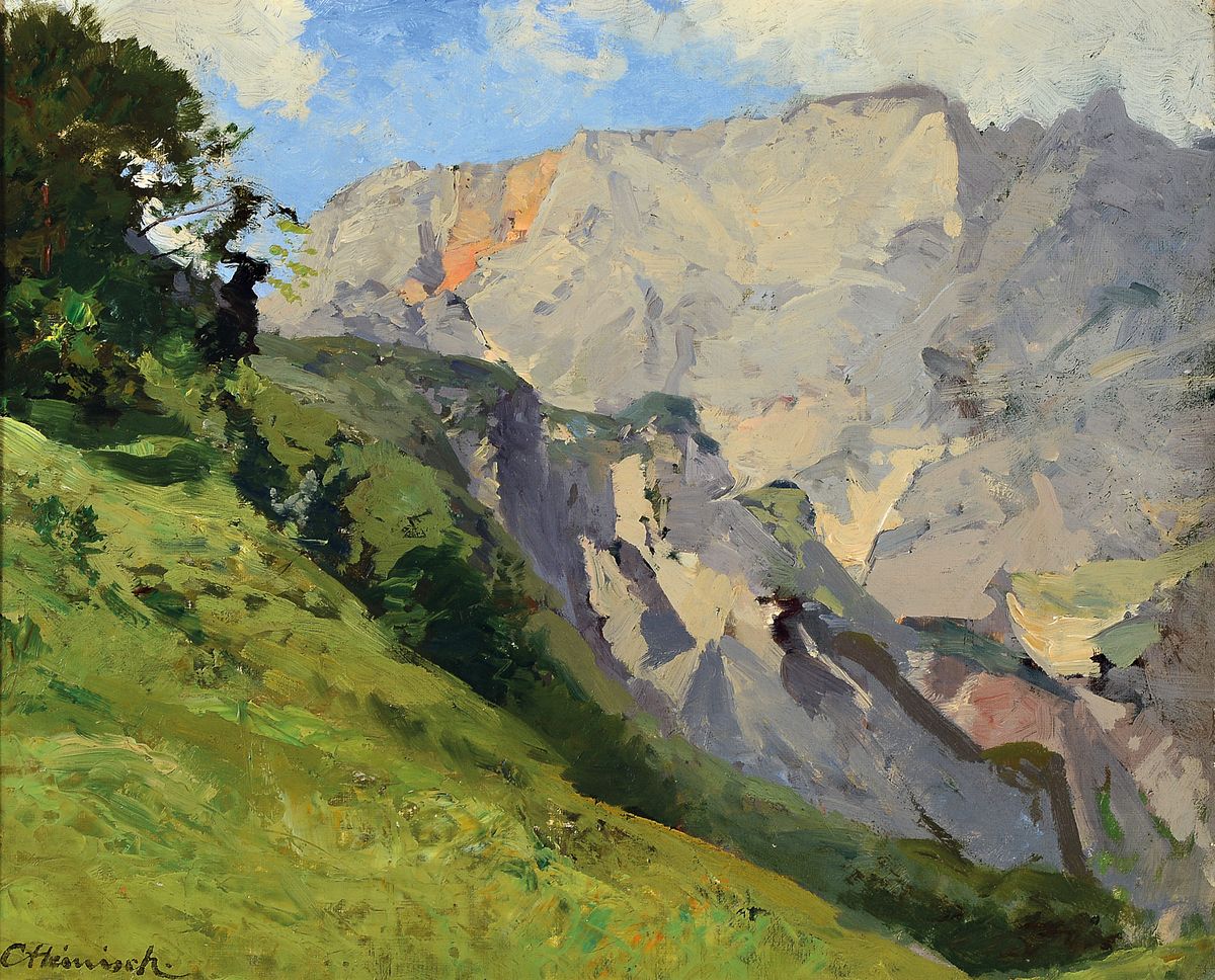 Karl Adam Heinisch, 1847-1923, Sommerliche Landschaft im Hochgebirge, Öl/Malkarton, links unten signiert, ca. 30x37cm, R. ca. 39x46cm