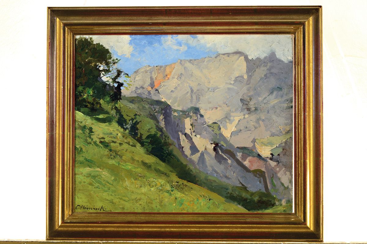Detail k: Karl Adam Heinisch, 1847-1923, Sommerliche Landschaft im Hochgebirge, Öl/Malkarton, links unten signiert, ca. 30x37cm, R. ca. 39x46cm