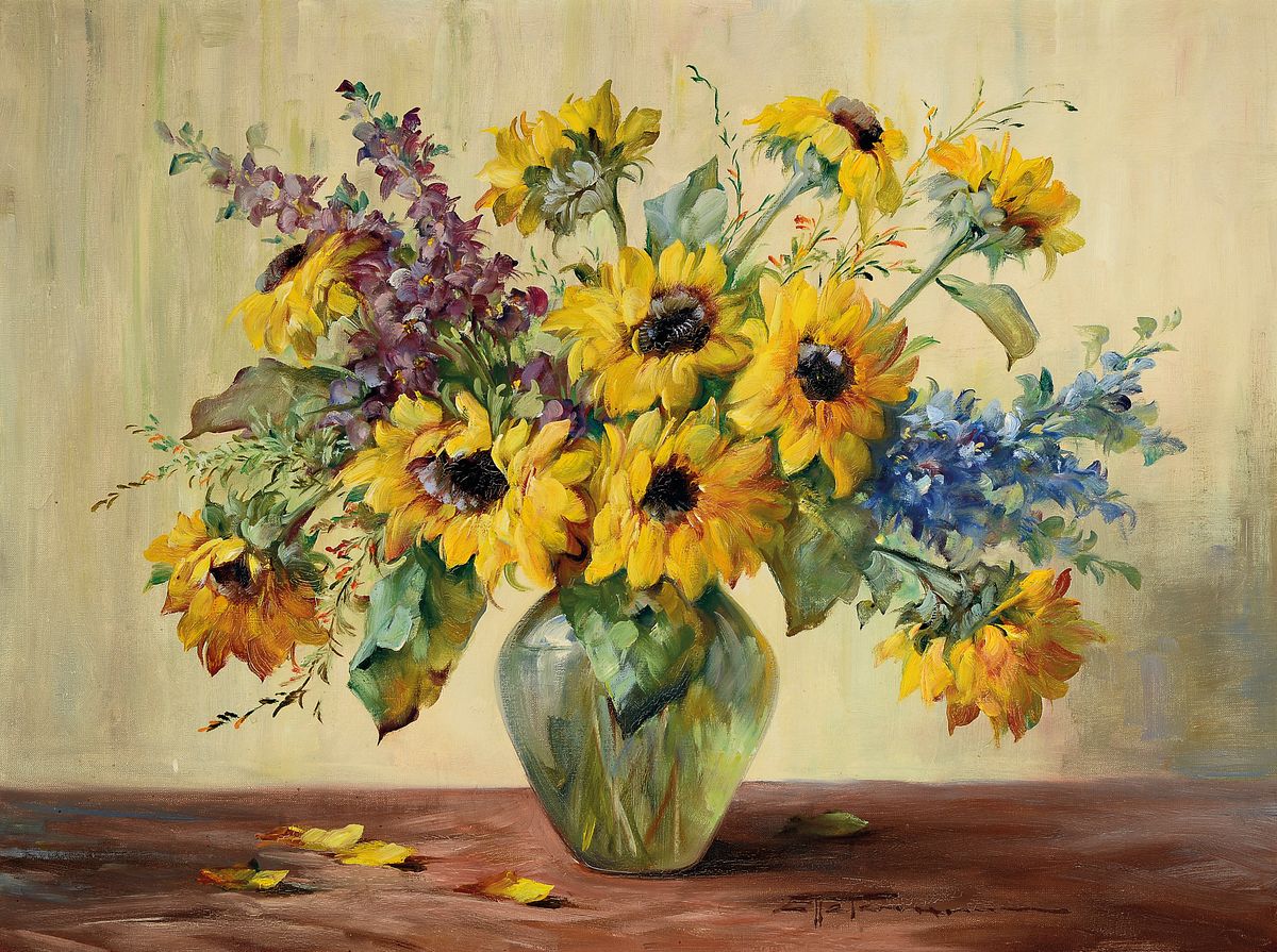 Hedwig Petermann, 1877 Mülheim/Ruhr-1919, Stillleben mit Sonnenblumen und Rittersporn, Öl/Lwd, rechts unten signiert, ca. 60x80cm, R. ca. 71x91cm