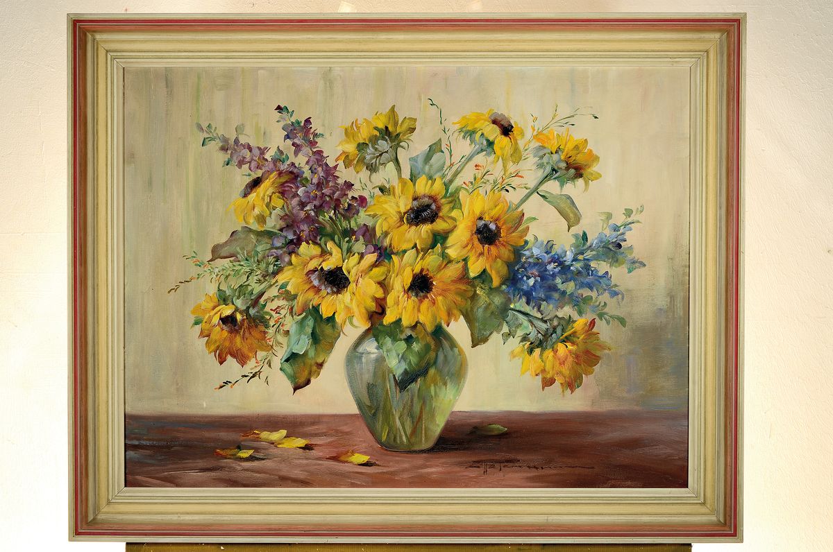 Detail k: Hedwig Petermann, 1877 Mülheim/Ruhr-1919, Stillleben mit Sonnenblumen und Rittersporn, Öl/Lwd, rechts unten signiert, ca. 60x80cm, R. ca. 71x91cm