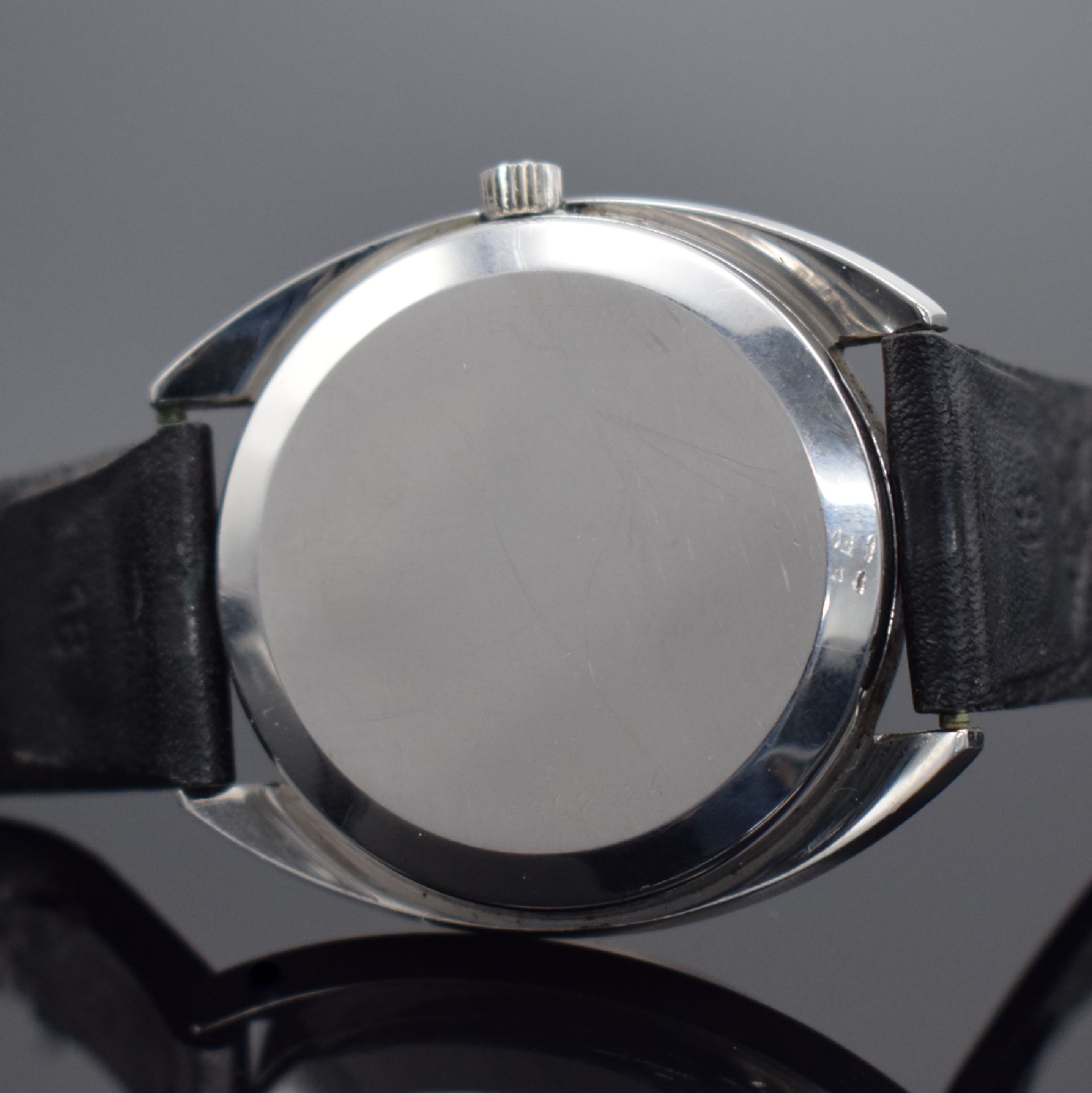 Detail c: ETERNA Sonic Herrenarmbanduhr in Stahl Referenz 149T, Schweiz um 1970, satin. Geh., Boden aufgedr., silb. Zifferbl. m. aufgel. Std.-Ind., silb. ...