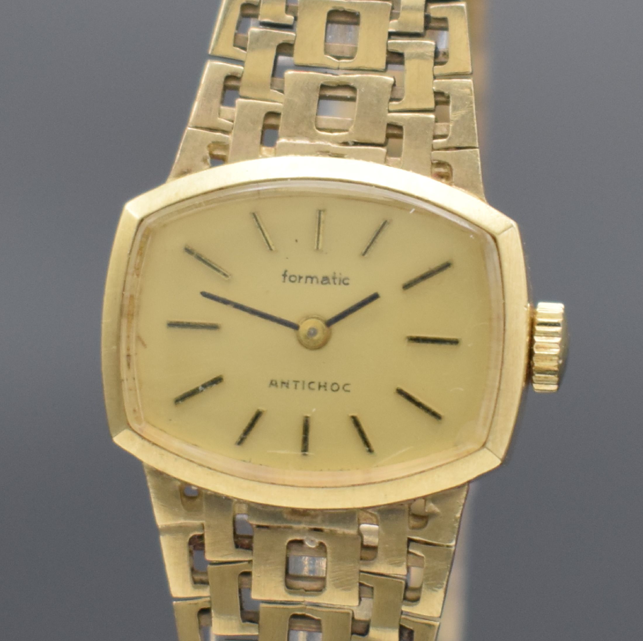 Detail a: FORMATIC Damenarmbanduhr in GG 585/000, Schweiz 1960er Jahre, Handaufzug, Geh. an Goldband in GG 333/000, Boden aufgedr., champagnerfarb. Zifferbl. ...