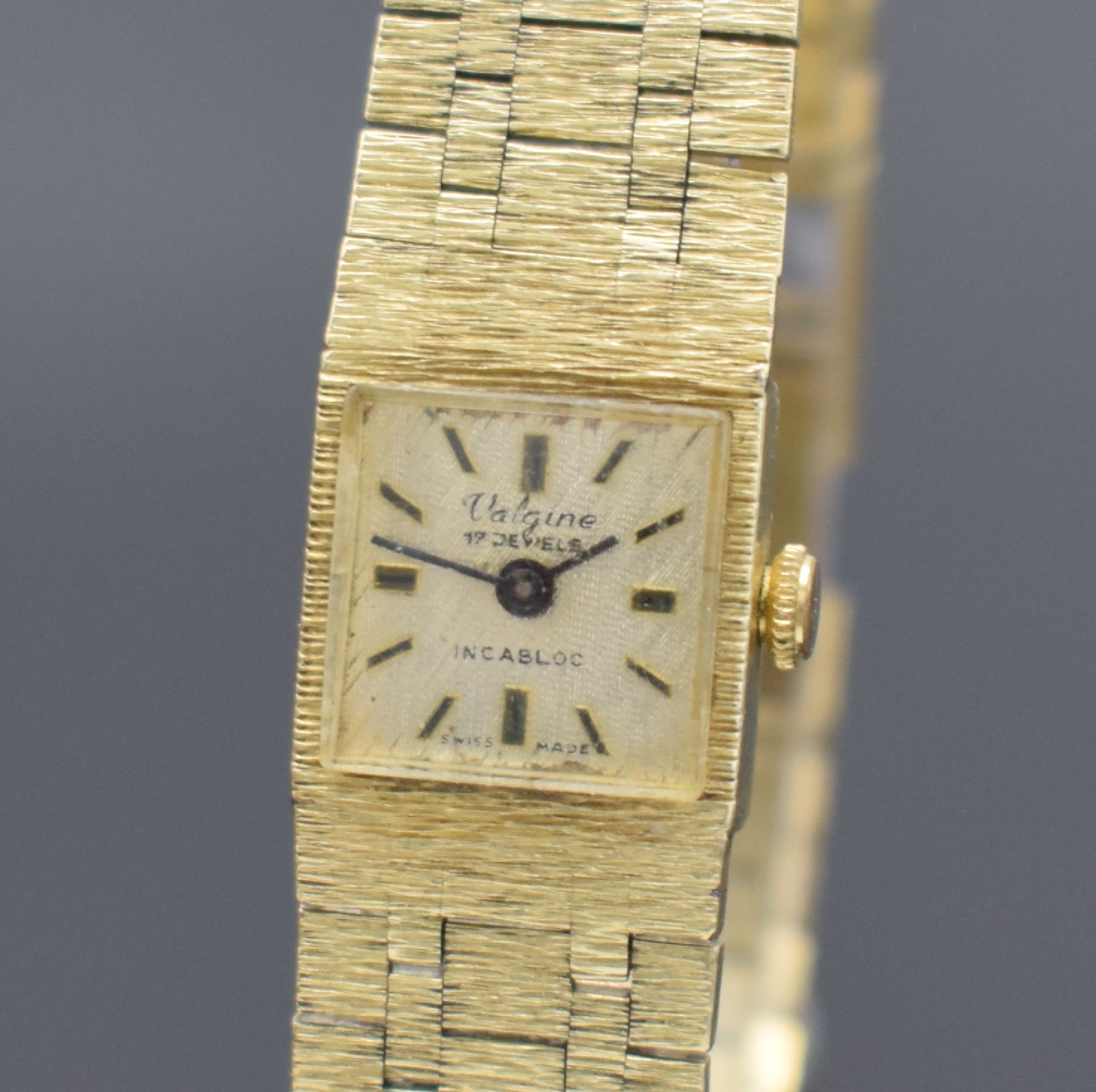 Detail a: VALGINE Damenarmbanduhr in GG 585/000, Schweiz 1960er Jahre, Handaufzug, Geh. an Goldband in GG 585/000, Boden aufgedr., silb. Strukturzifferbl. m. ...