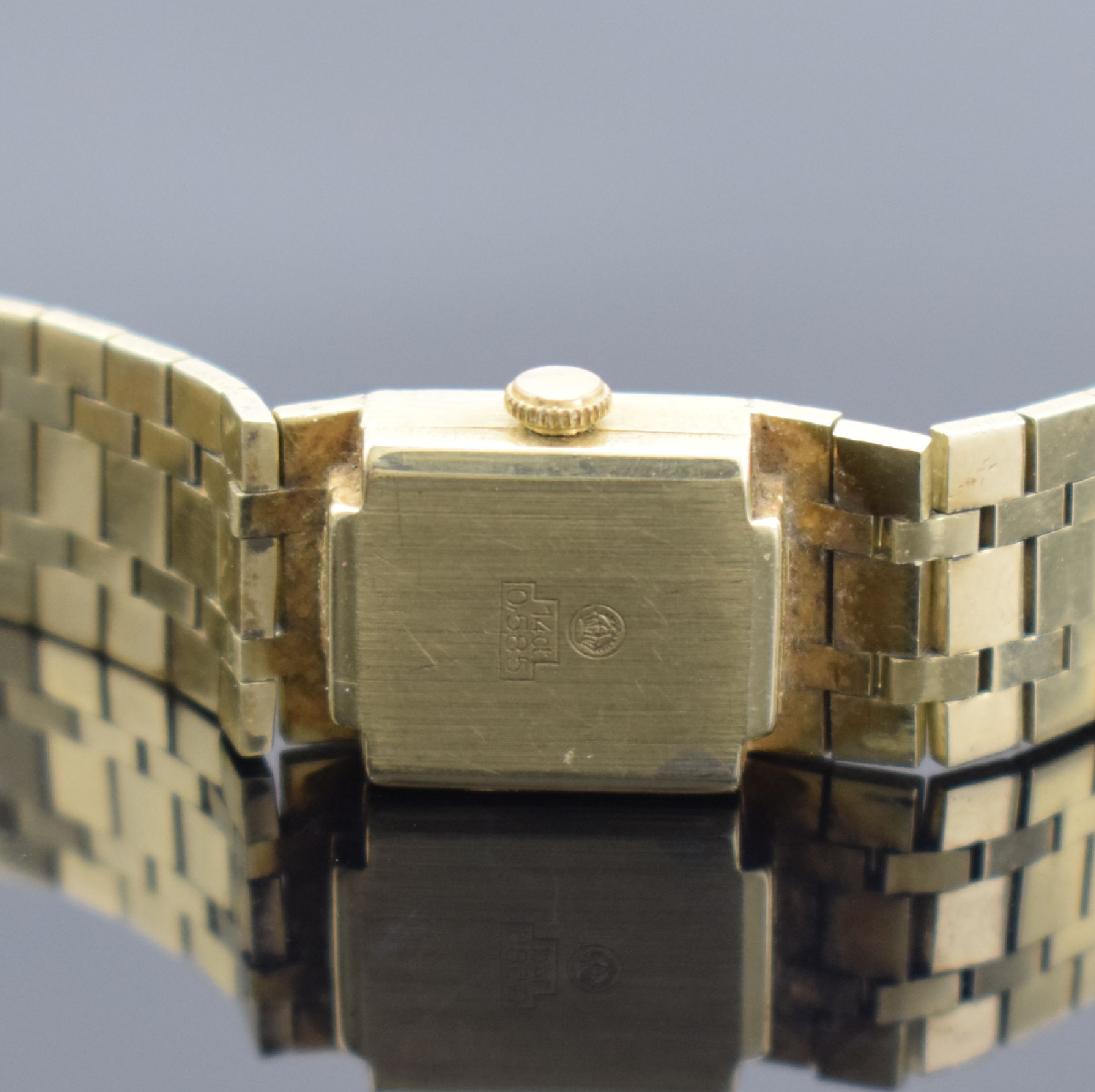 Detail d: VALGINE Damenarmbanduhr in GG 585/000, Schweiz 1960er Jahre, Handaufzug, Geh. an Goldband in GG 585/000, Boden aufgedr., silb. Strukturzifferbl. m. ...