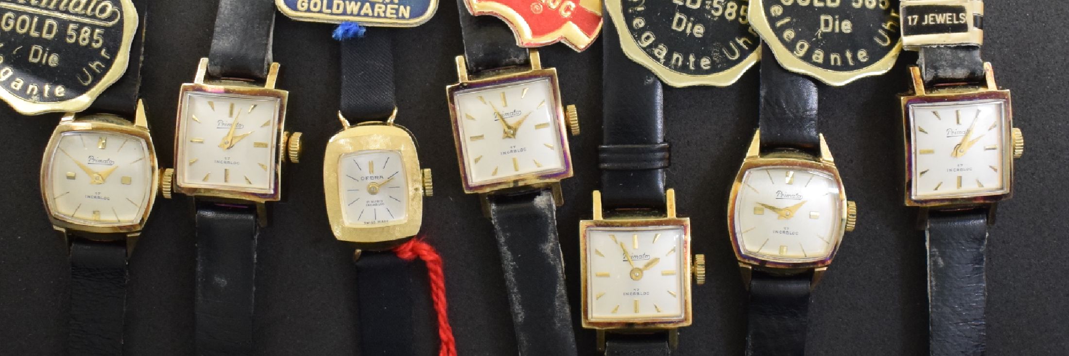 Detail a: 6 Primato & 1 Oebra Damenarmbanduhren in GG 585/000 aus Lagerbestand, Schweiz um 1950- 1960, alle Handaufzug, Geh. teils angel., Böden gedr., silb. ...