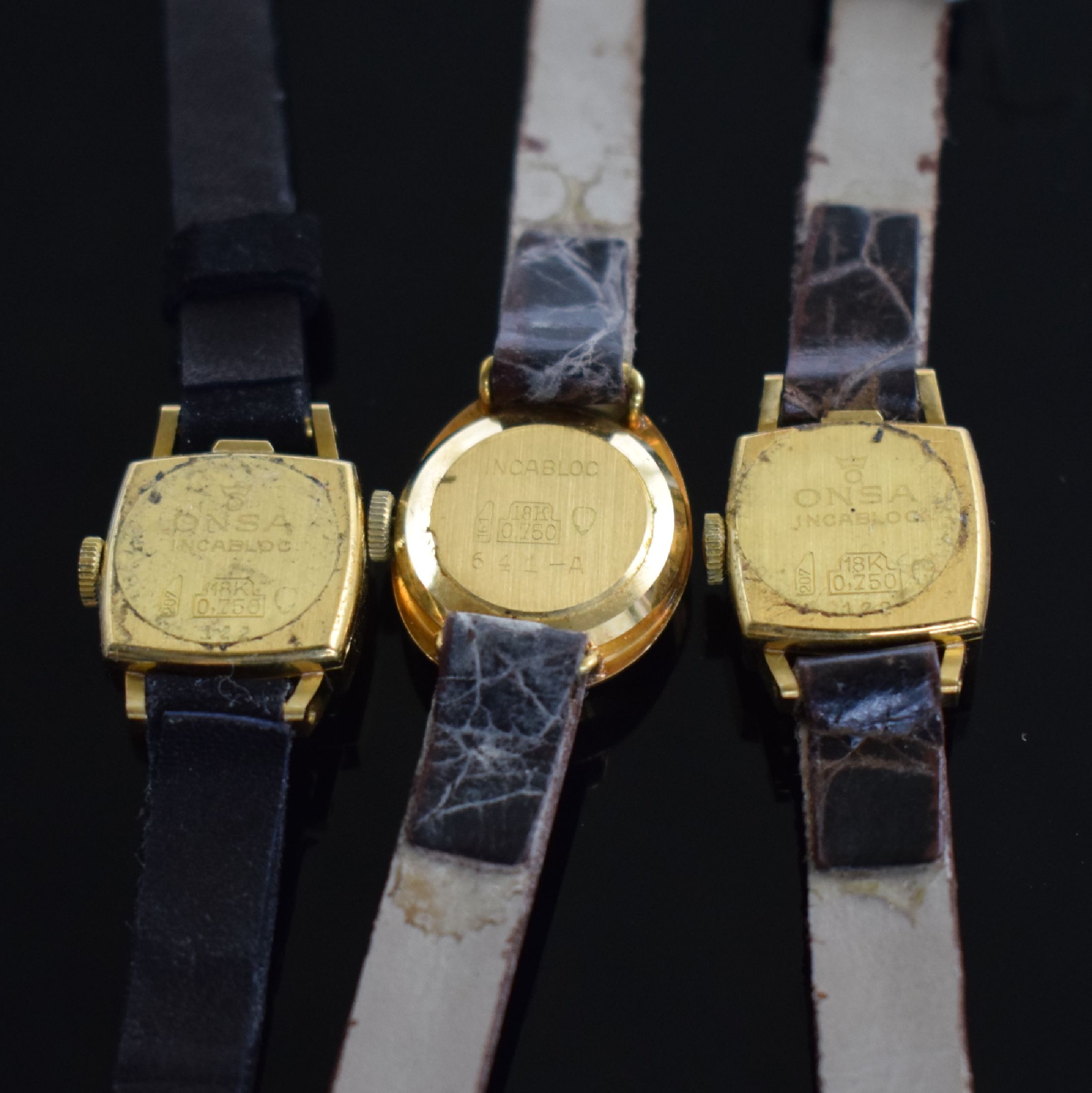 Detail e: 4 Onsa, 1 Nisius & 1 Repco Damenarmbanduhr in GG 750/000 aus Lagerbestand, Schweiz um 1950-1960, alle Handaufzug, Böden aufgedr., silb. ...