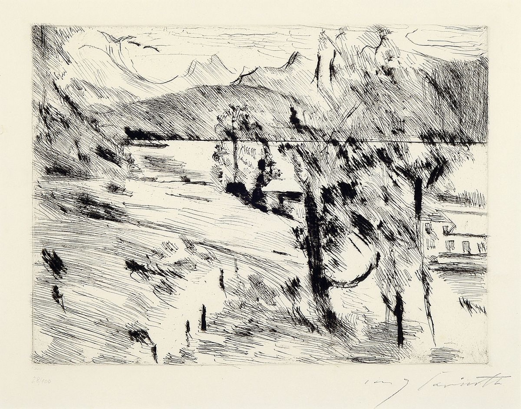 Lovis Corinth, 1858-1925, "Walchenseelandschaft", 1919-23, Radierung rechts unten mit Bleistift handsign., num. 28/100, WVZ Müller 729, ...