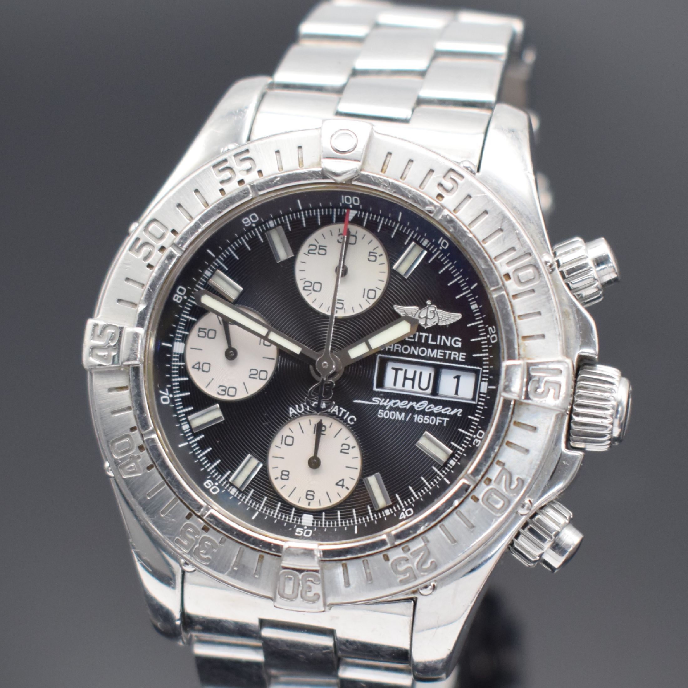 Detail a: BREITLING Super Ocean Herrenarmbanduhr mit Chronograph, Schweiz verk. 12/2009 lt. beil. Zert., Ref. A13340, verschr. Edelstahl Geh. inkl. Gliederband ...
