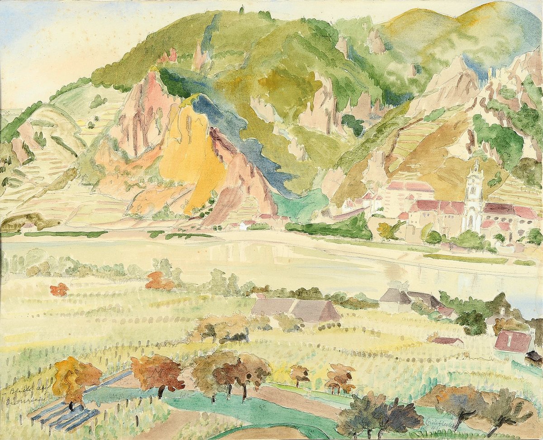 Erich Heckel, 1883-1970, Aquarell, "Blick auf Dürnstein aus dem Jahre 1941, sign., dat. Erich Heckel 41, Die Arbeit ist im Werkarchiv Nachlass ...