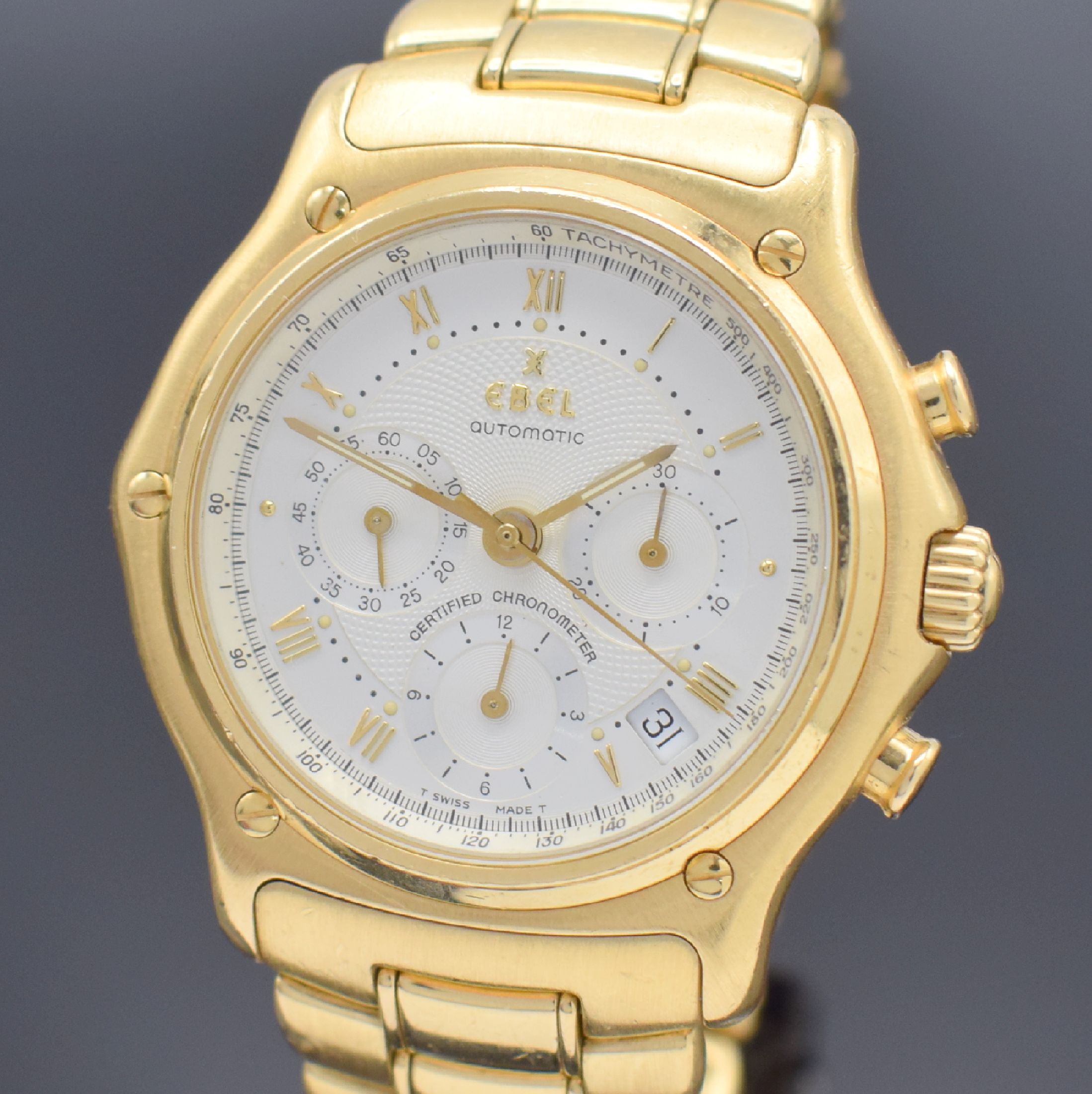 Detail a: EBEL Armbandchronograph Chronometer Le Modulor in GG 750/000 Referenz 8137241, Automatik, Schweiz um 2010, orig. Gliederband m. Faltschließe, Boden ...