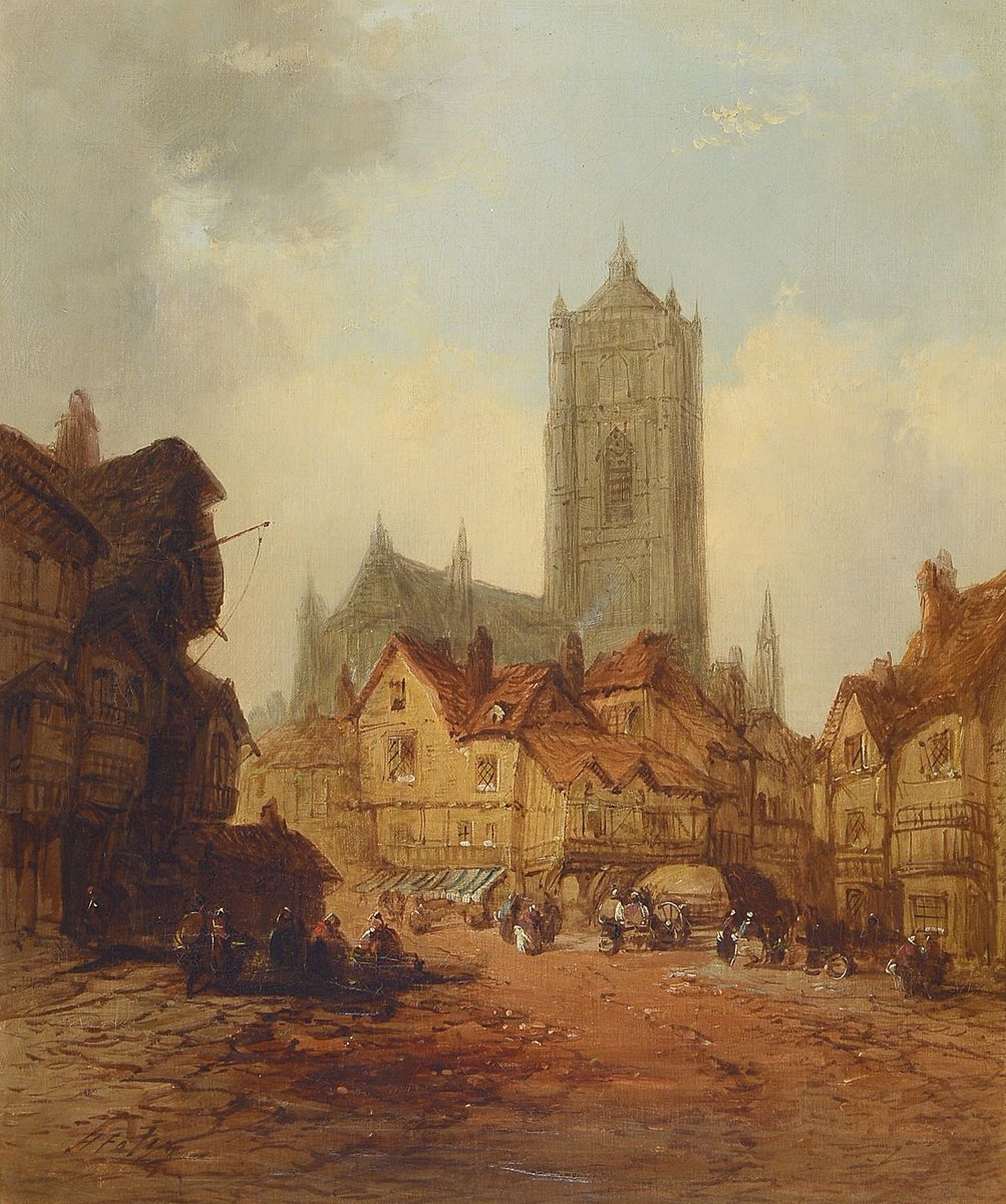 John Henry Foley, 1818 Dublin - 1974 London, Bildhauer und Maler, Stadtansicht mit Kathedrale im Hintergrund, belebte Straßenszene mit Händlern und ...