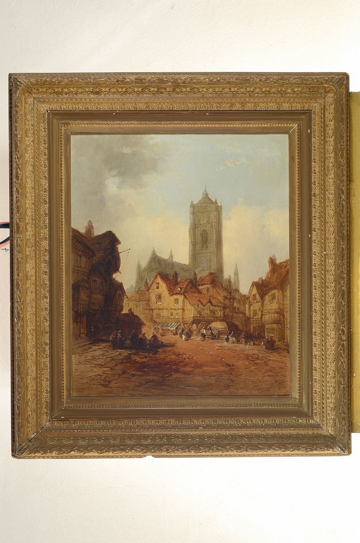 Detail k: John Henry Foley, 1818 Dublin - 1974 London, Bildhauer und Maler, Stadtansicht mit Kathedrale im Hintergrund, belebte Straßenszene mit Händlern und ...
