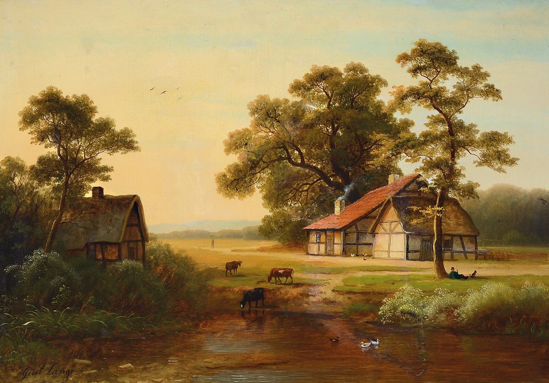 Geert Lange, 2. Hälfte 19. Jh., Flußlandschaft mit Kühen und Hof, Öl/Lwd, li. unten signiert, krakeliert, l. Altersspuren, teilrestauriert, ca. ...